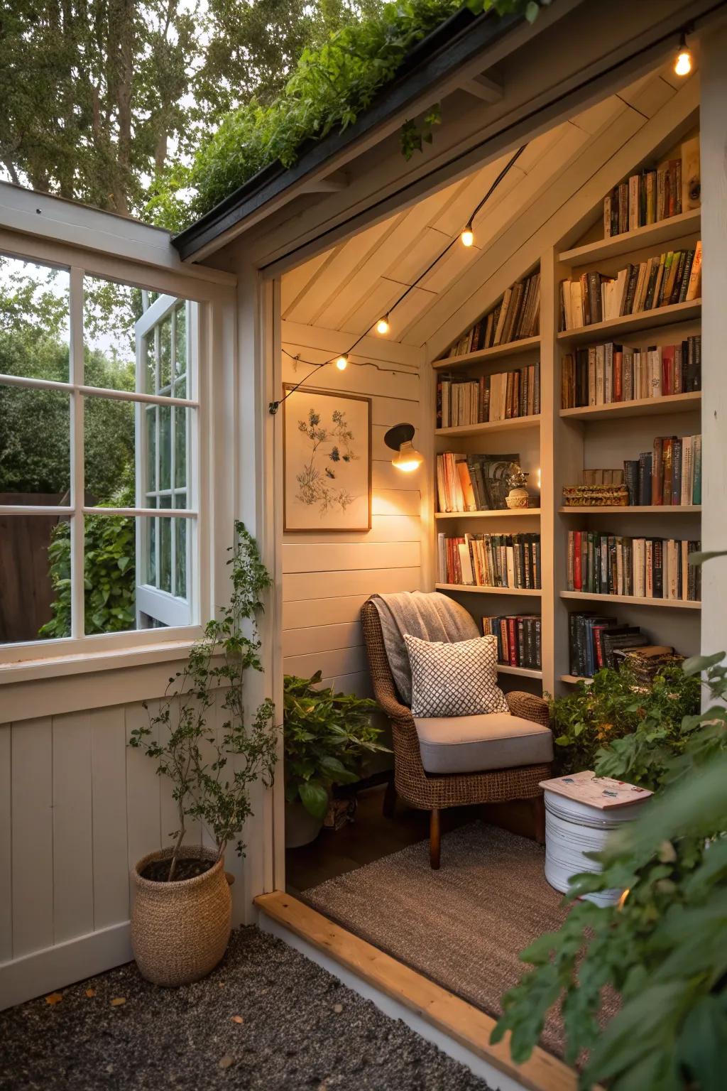 Turn a corner of your shed into a perfect reading nook with bookshelves and a comfy chair.