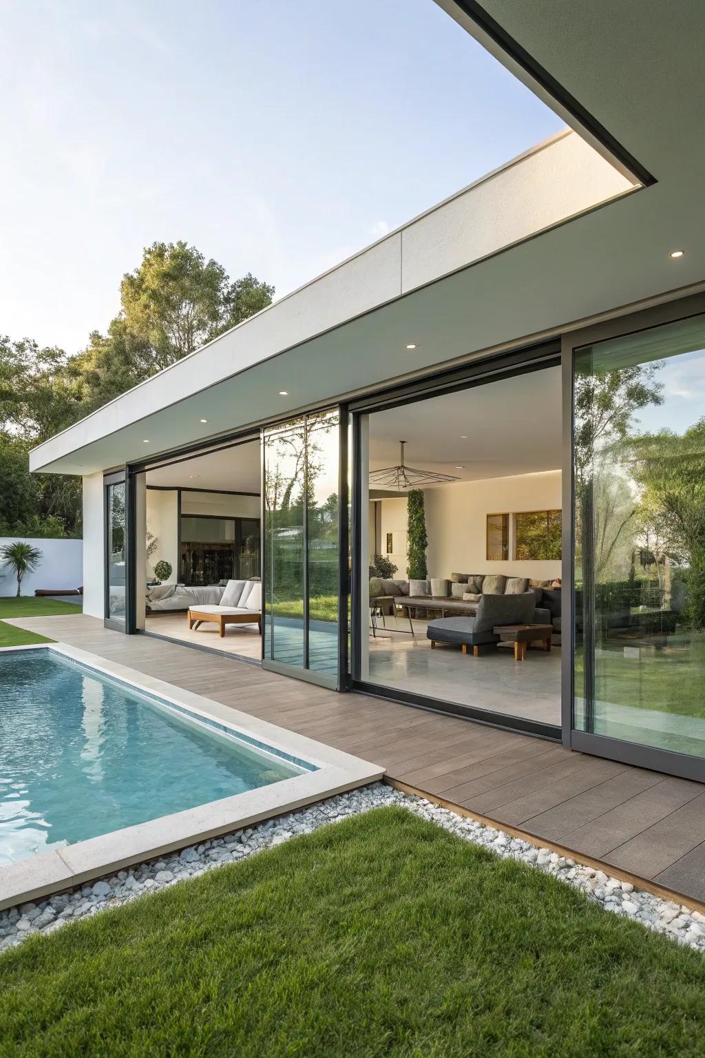 Pool house with sliding doors offering a seamless indoor-outdoor experience.