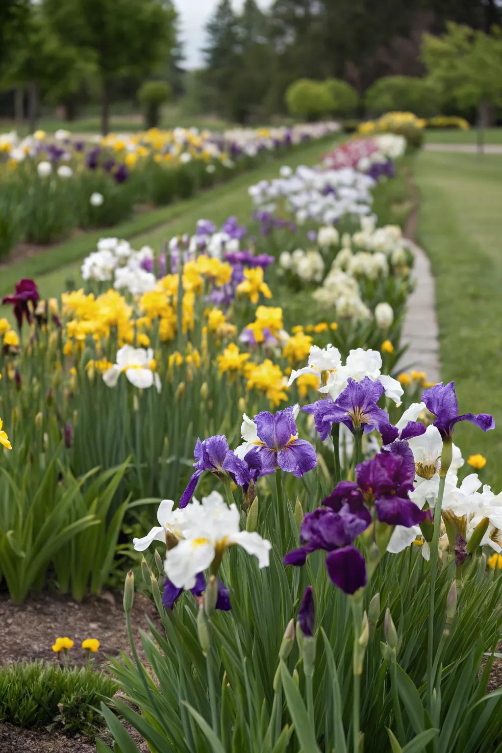 A harmonious blend of colorful irises in a garden bed.