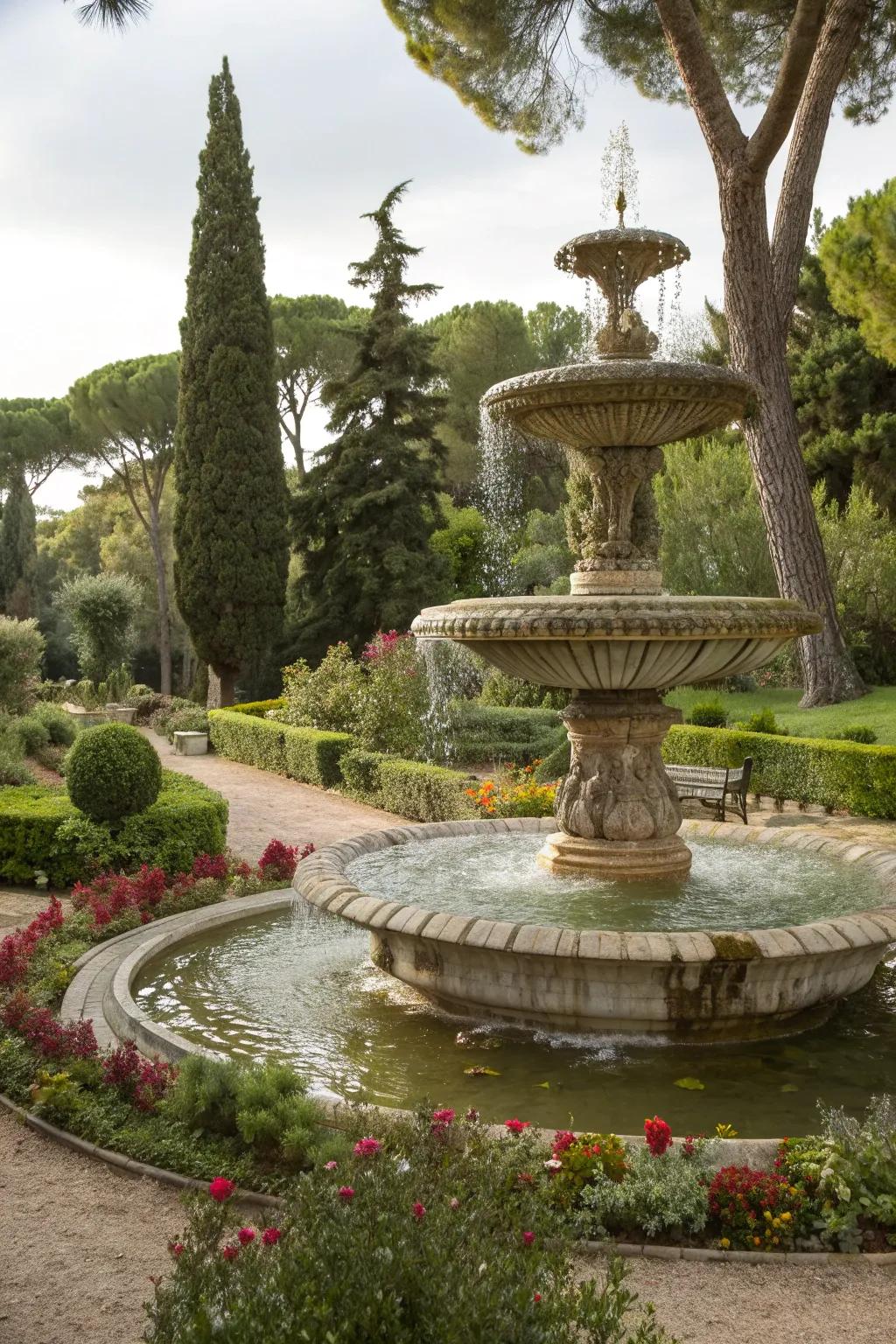 A stunning tiered fountain nestled within lush greenery.