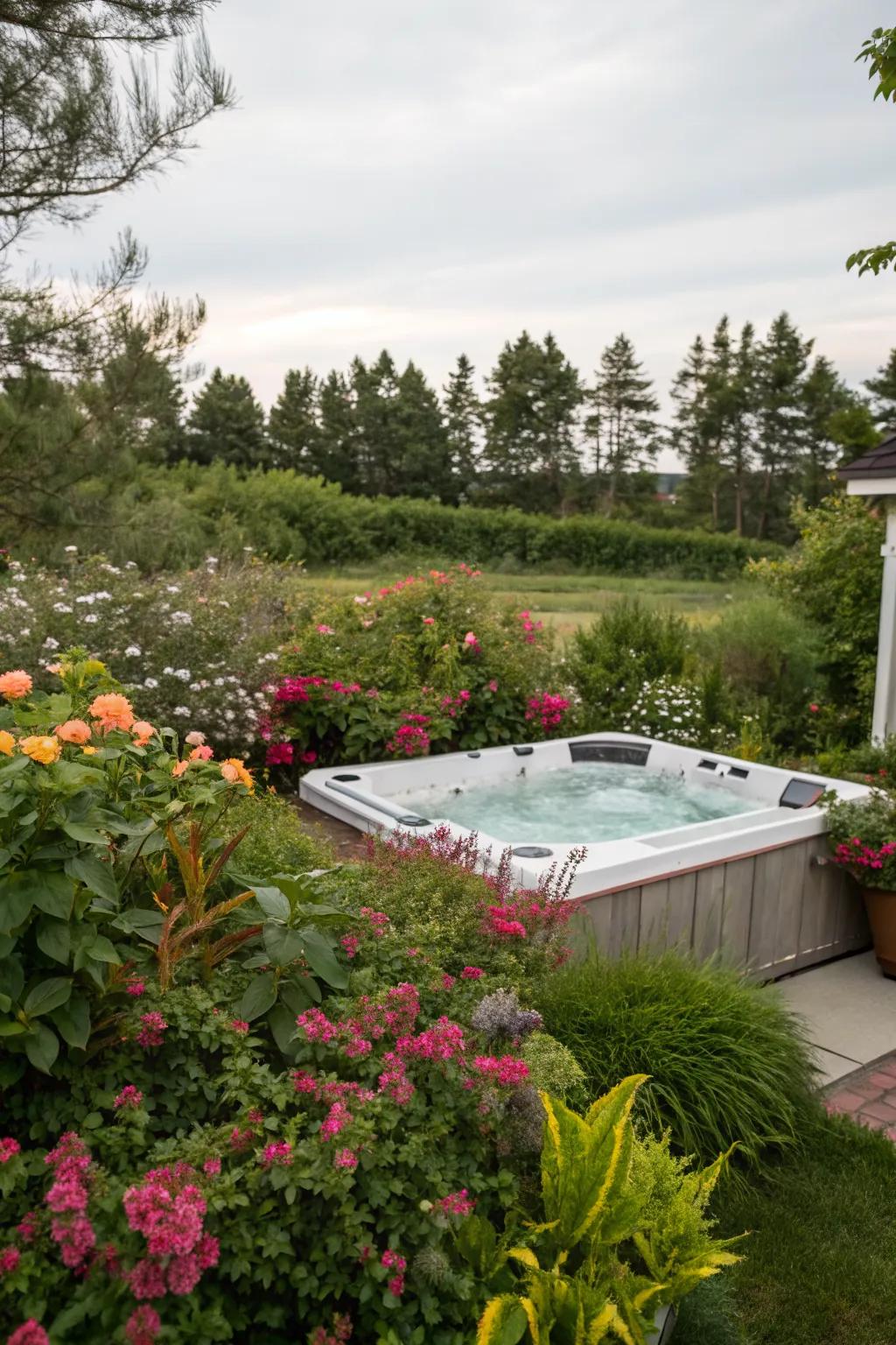A tranquil jacuzzi surrounded by lush plants and vibrant flowers
