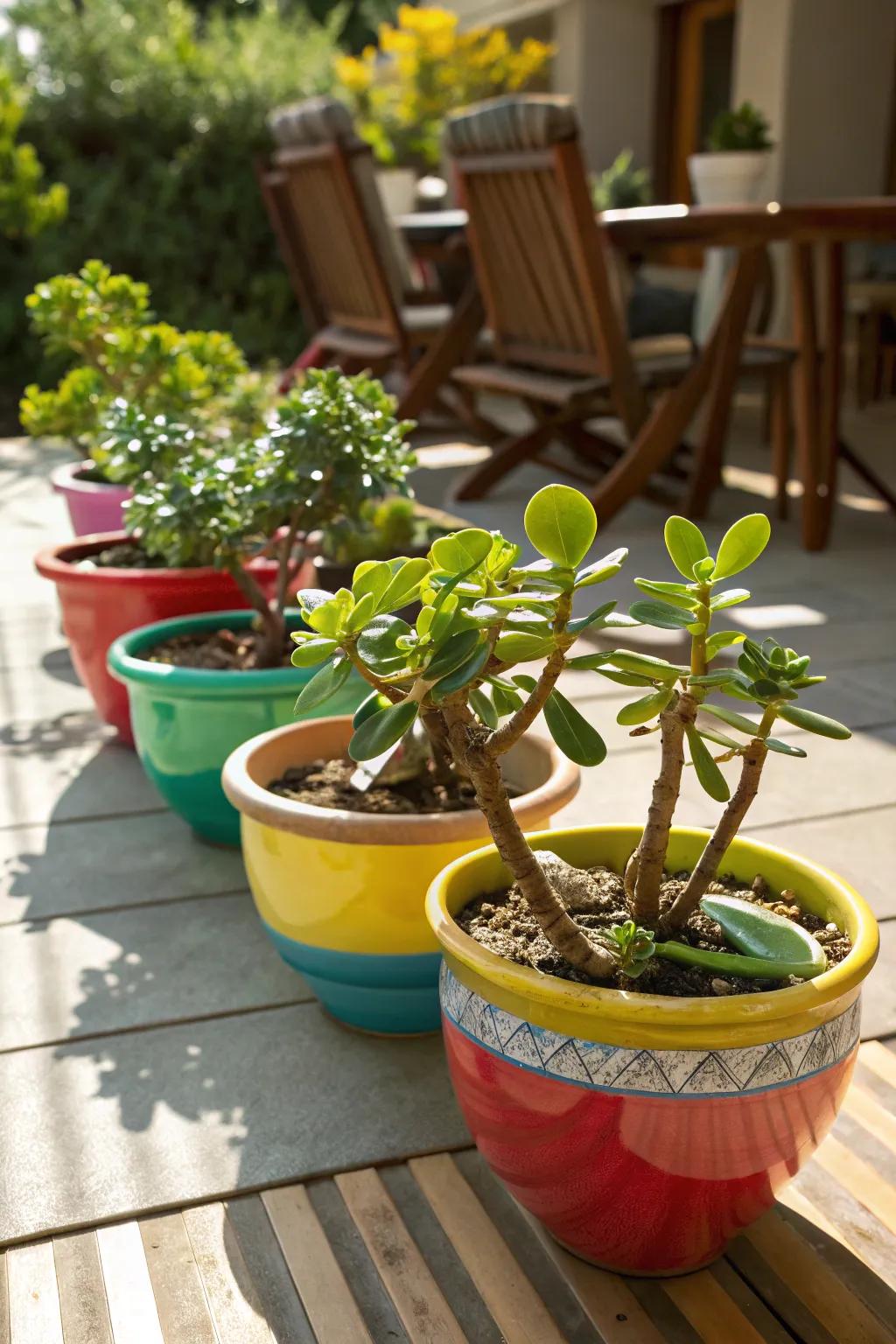 Brighten your space with jade plants in stylish pots.