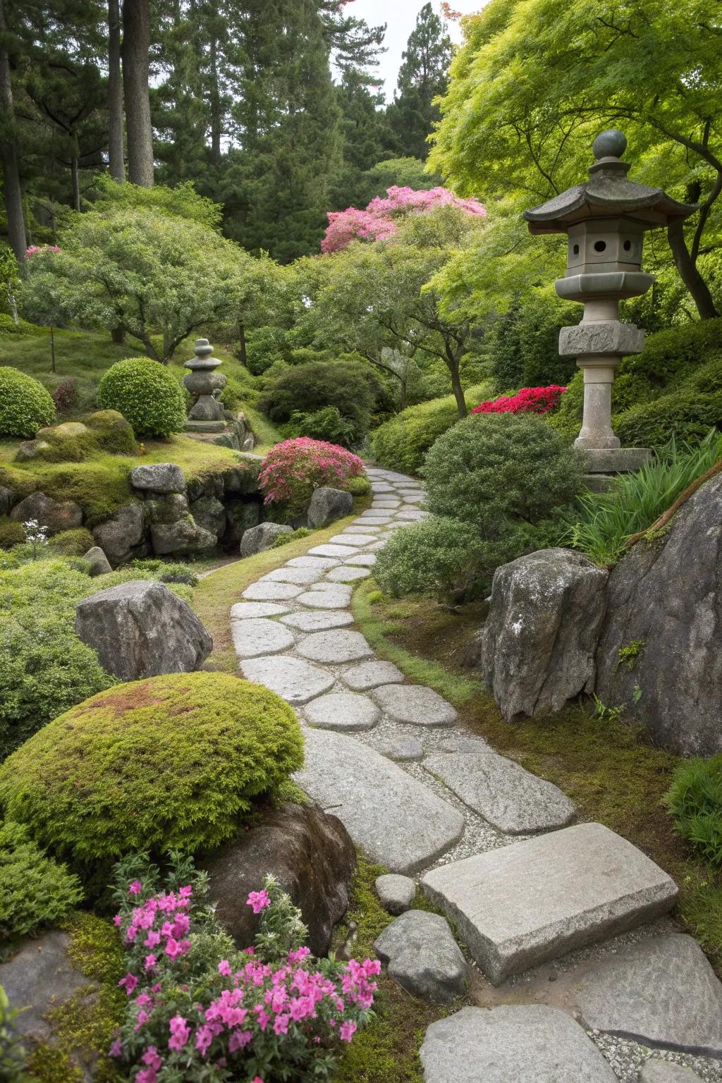Natural stone edging enhances the organic flow of this Japanese garden.