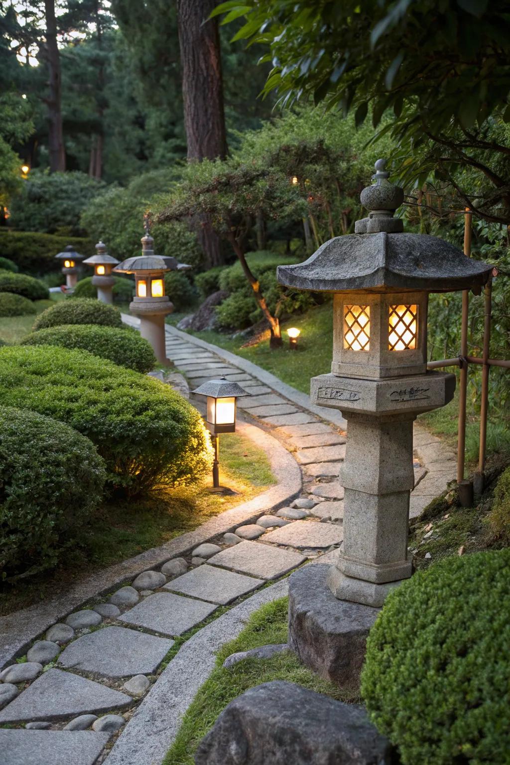 Stone lanterns casting a gentle glow along a garden path.