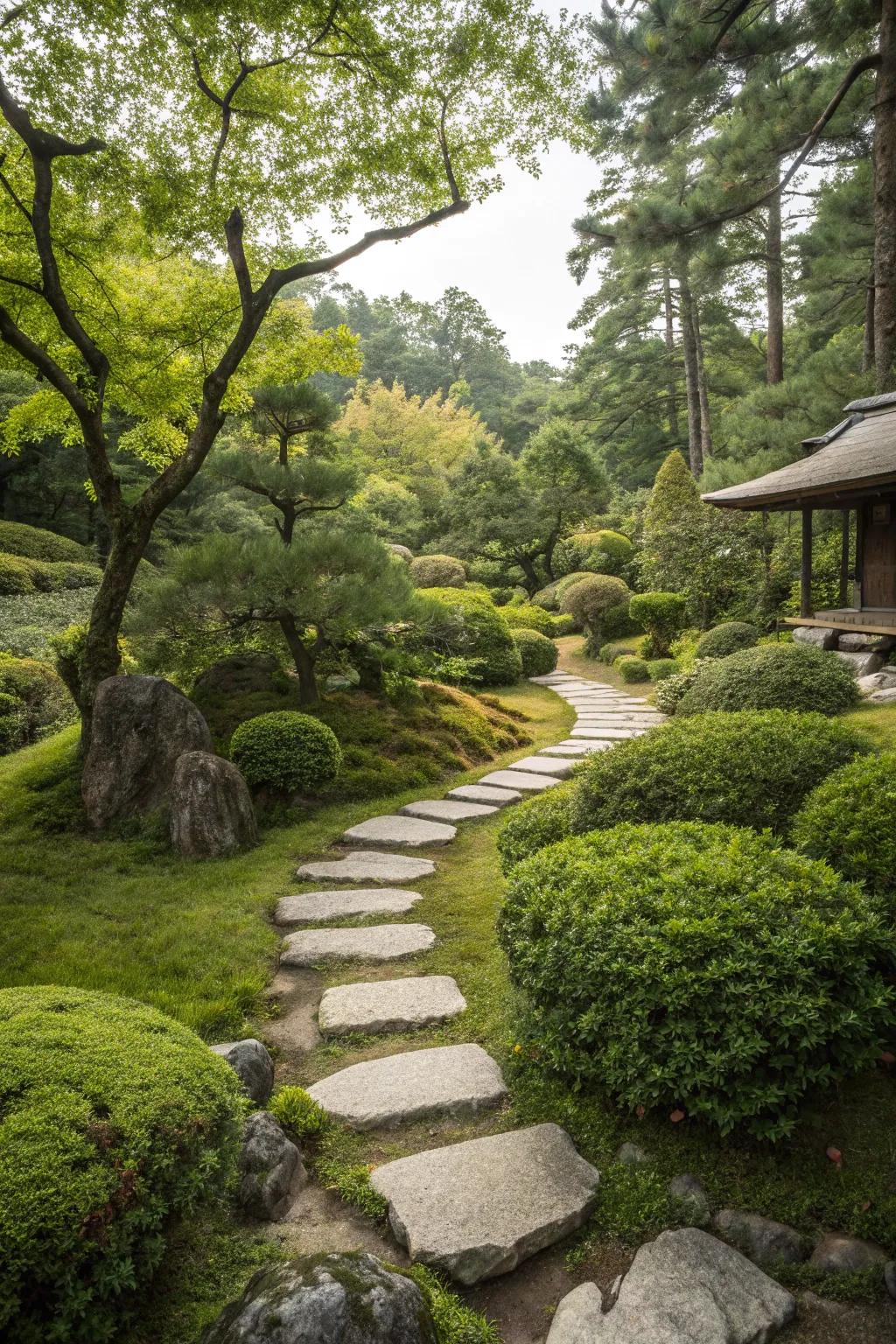Traditional Japanese garden pathway with stepping stones nestled within lush greenery.