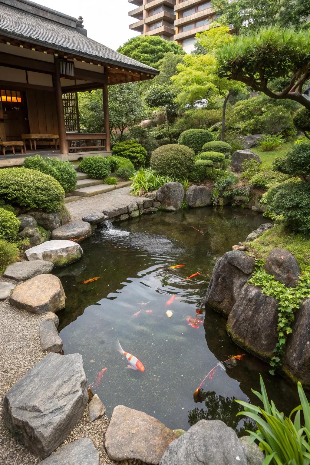 A serene pond filled with koi fish enhances any Japanese garden.