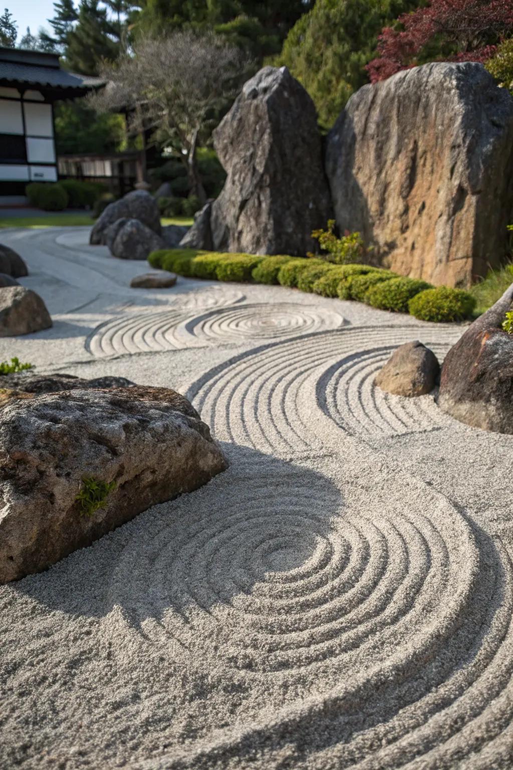 Raked gravel patterns create a soothing visual of water flow.