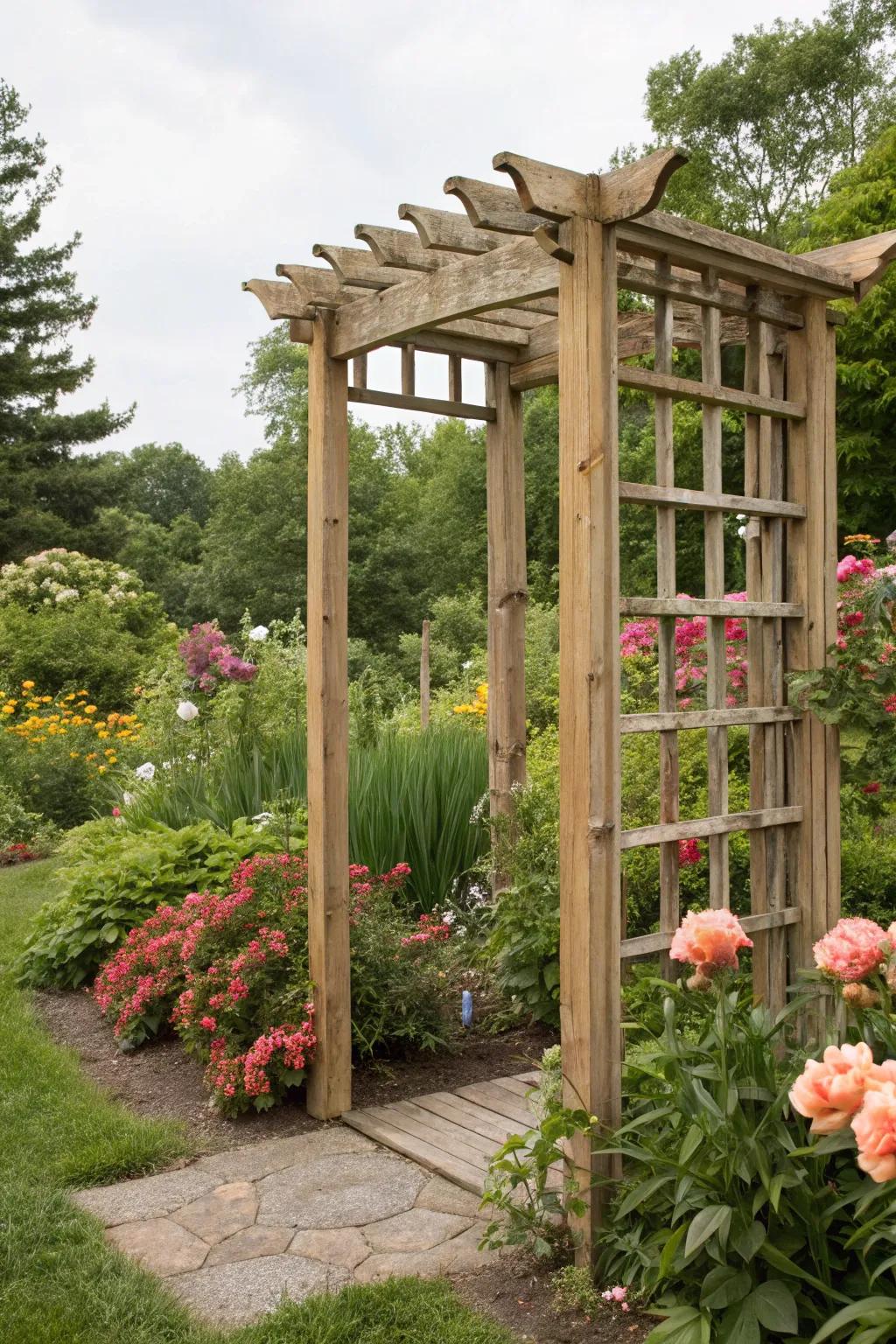 A classic wooden trellis blends naturally into a vibrant garden.