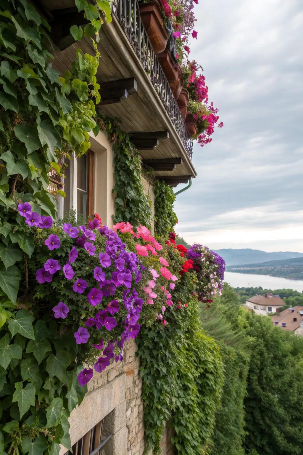 A verdant Juliet balcony adorned with cascading petunias and ivy.