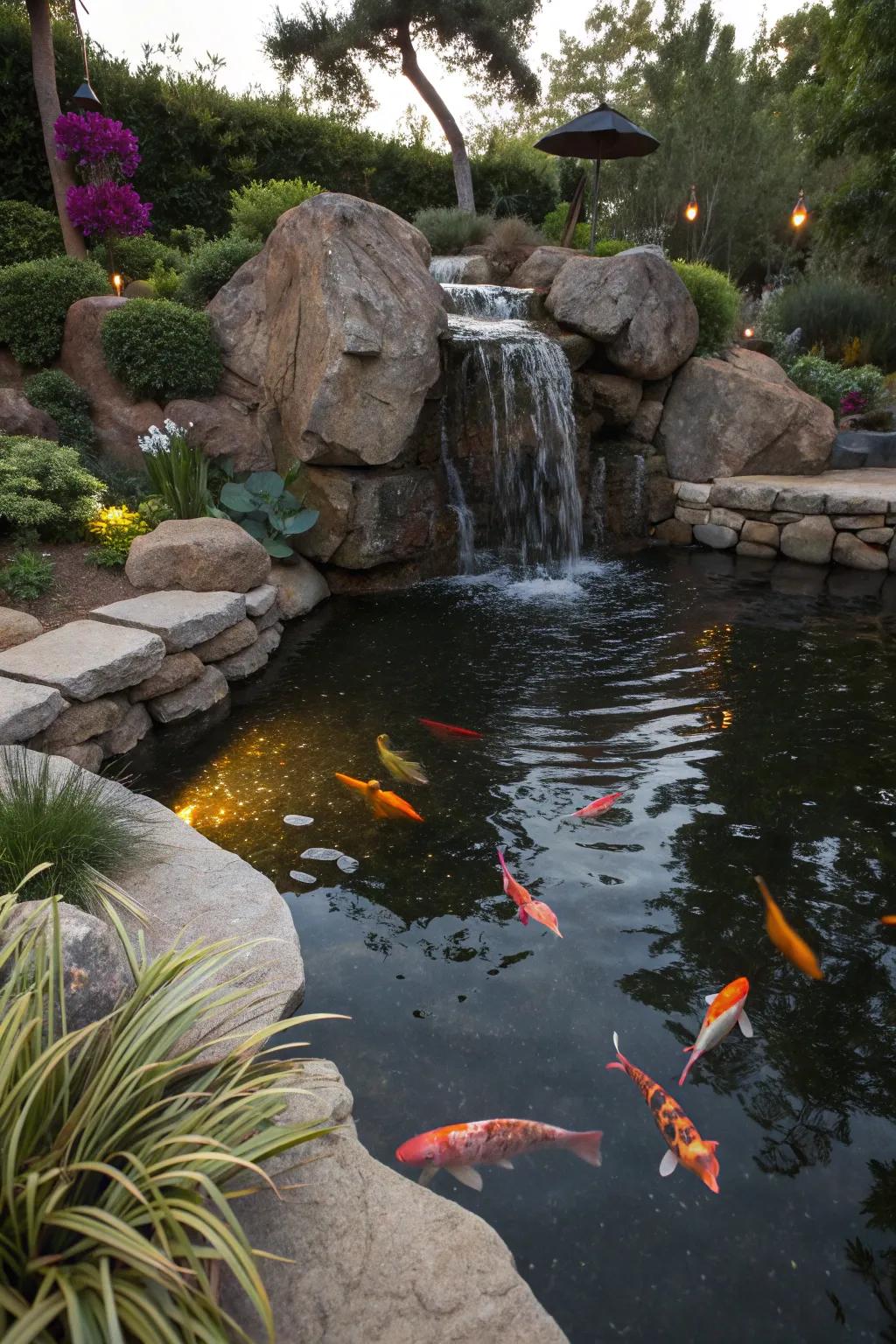 A natural rock waterfall brings tranquility and elegance to any koi pond.