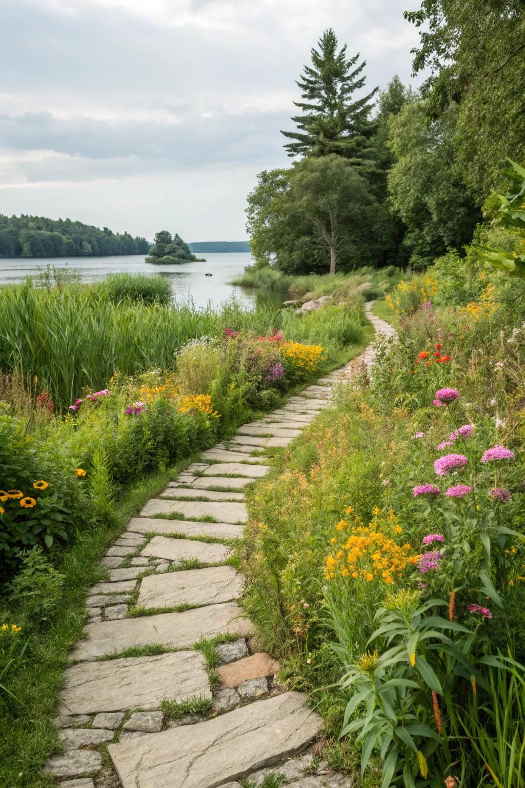 A rustic stone pathway leading through a lush lakeside garden.