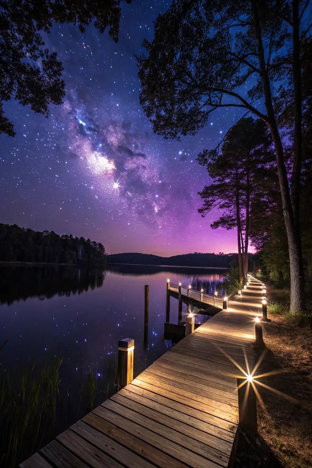 Solar piling lights add both functionality and beauty to this lakeside dock.