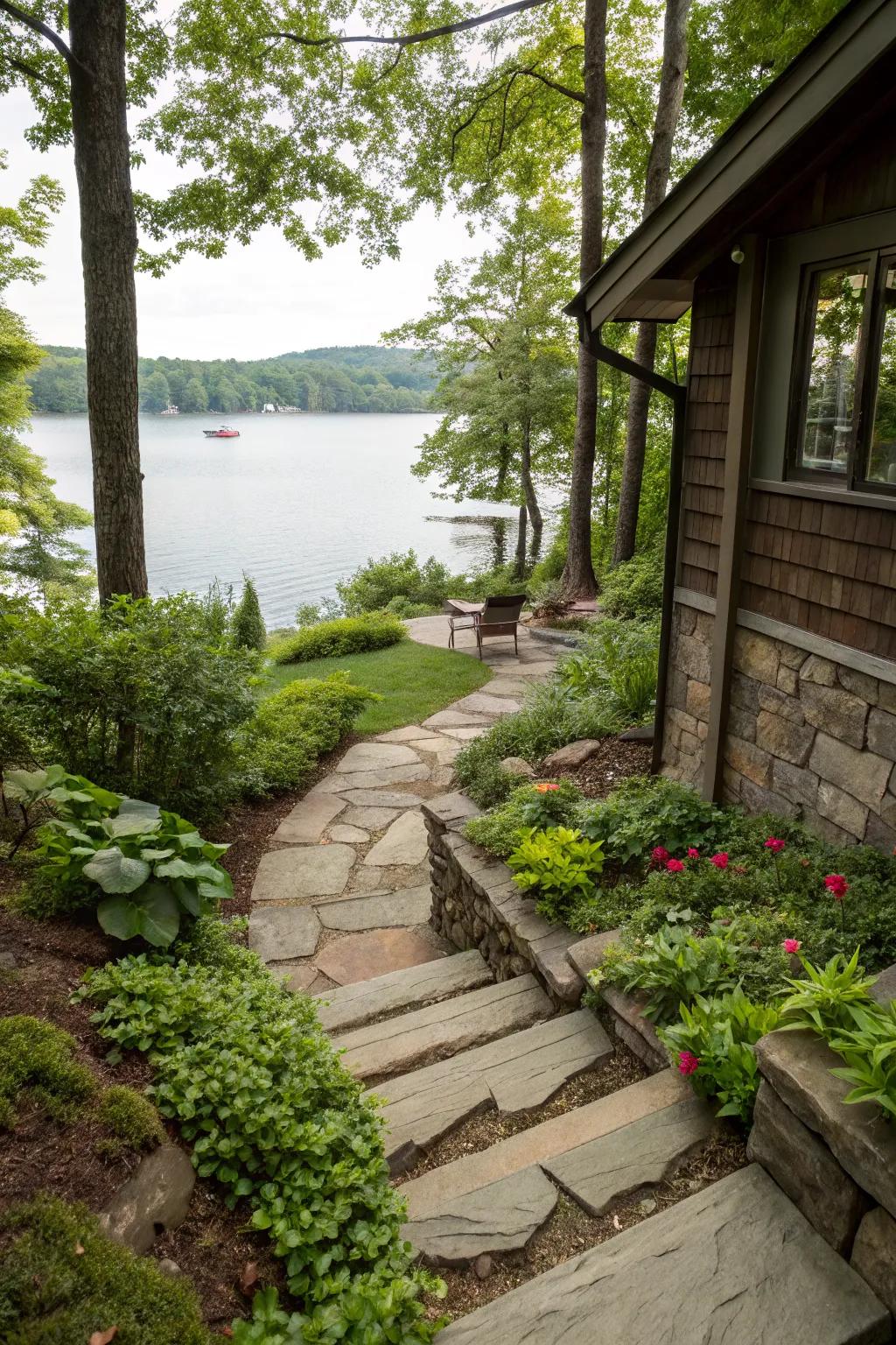 Create depth and dimension with terraced landscaping in your lake house backyard.