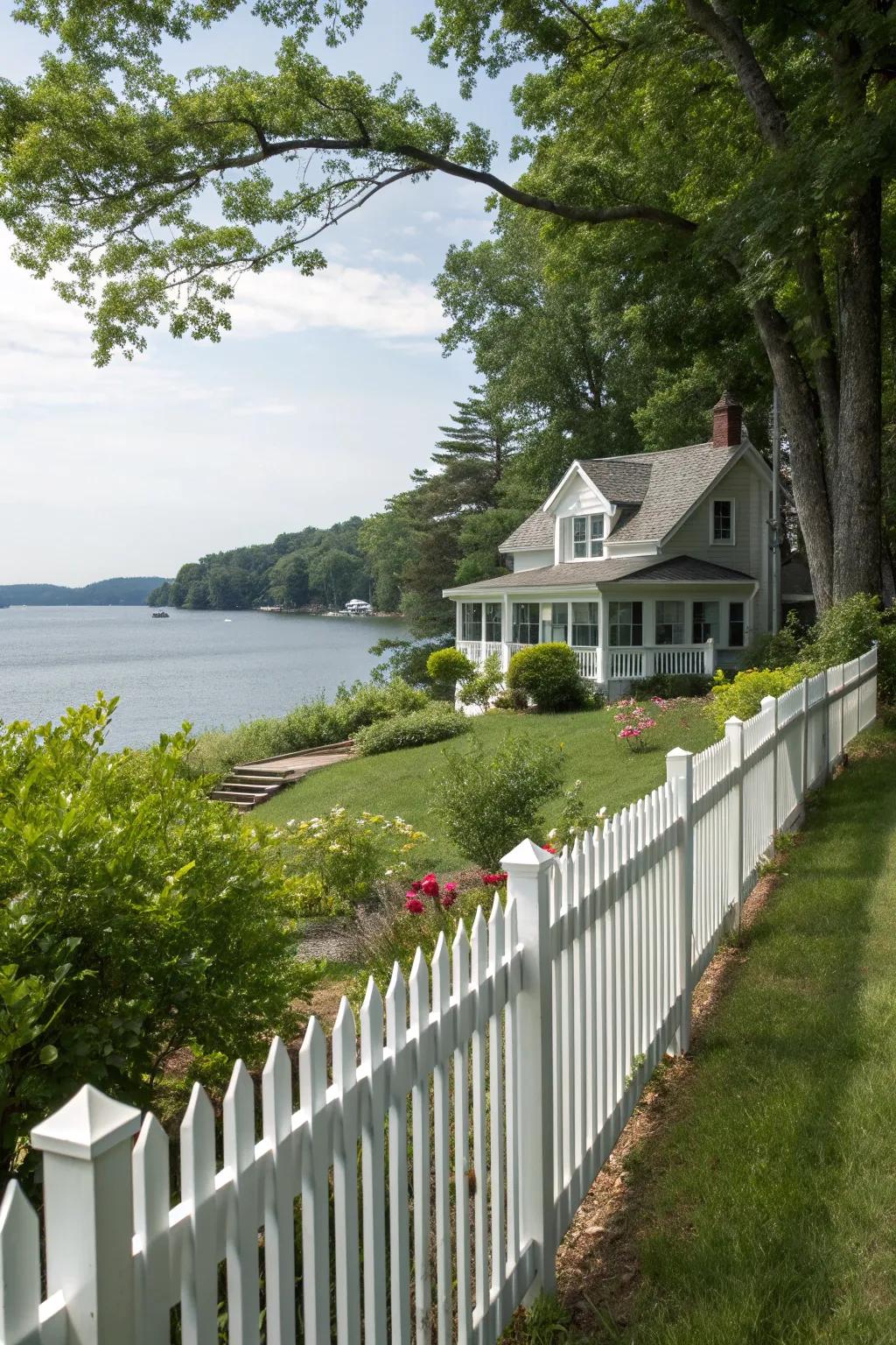 Timeless picket fence for a charming lakefront setting.