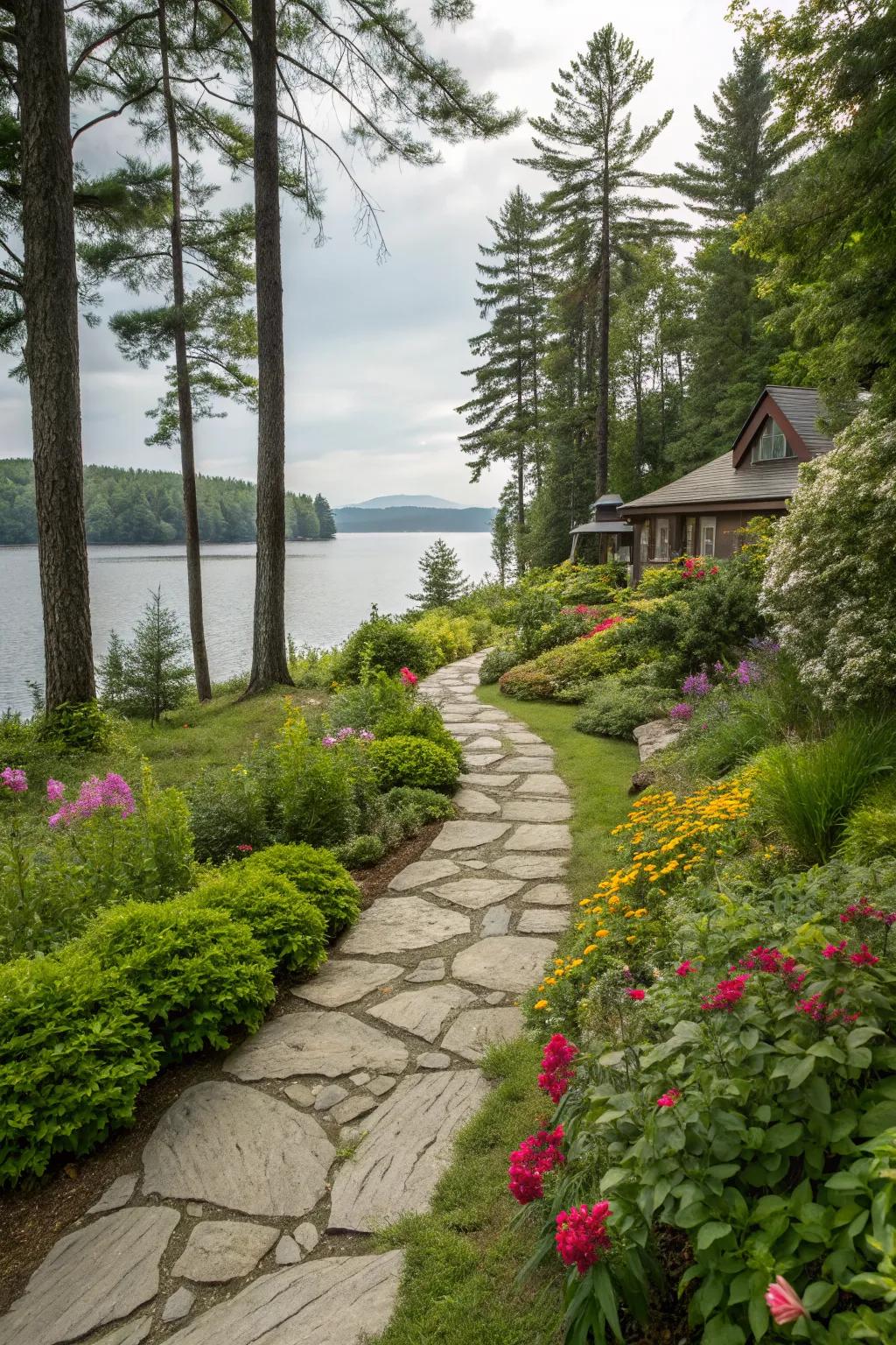 Natural stone pathways seamlessly integrate with the lakeside setting.