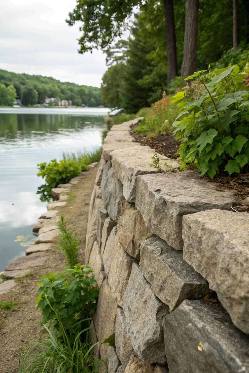 Rugged natural stones create a rustic charm for this lakeside retaining wall.