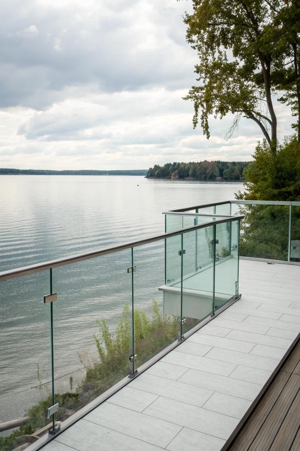 A deck with glass railings that offer an unobstructed view of the lake.