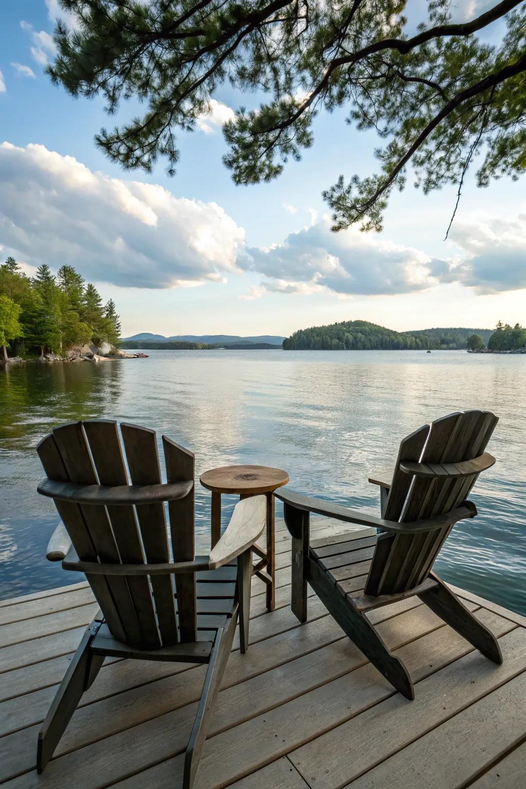 Adirondack chairs perfectly positioned for enjoying lakeside views.