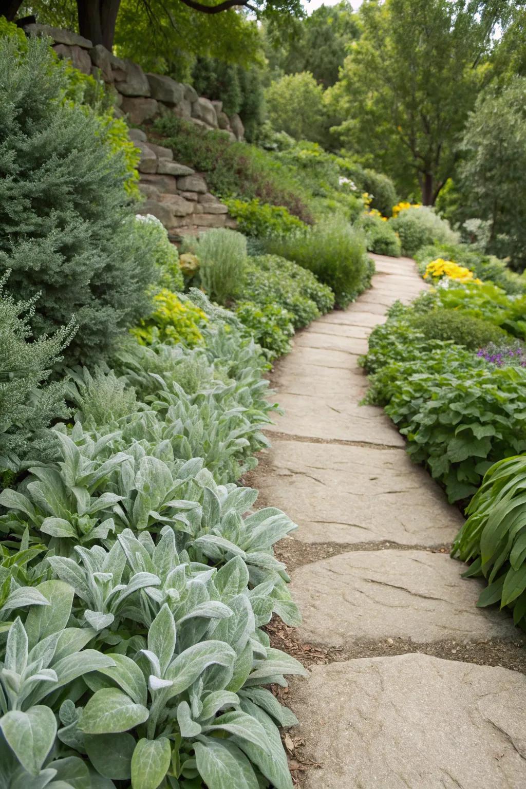 Lamb's ear plants beautifully line a stone garden path.