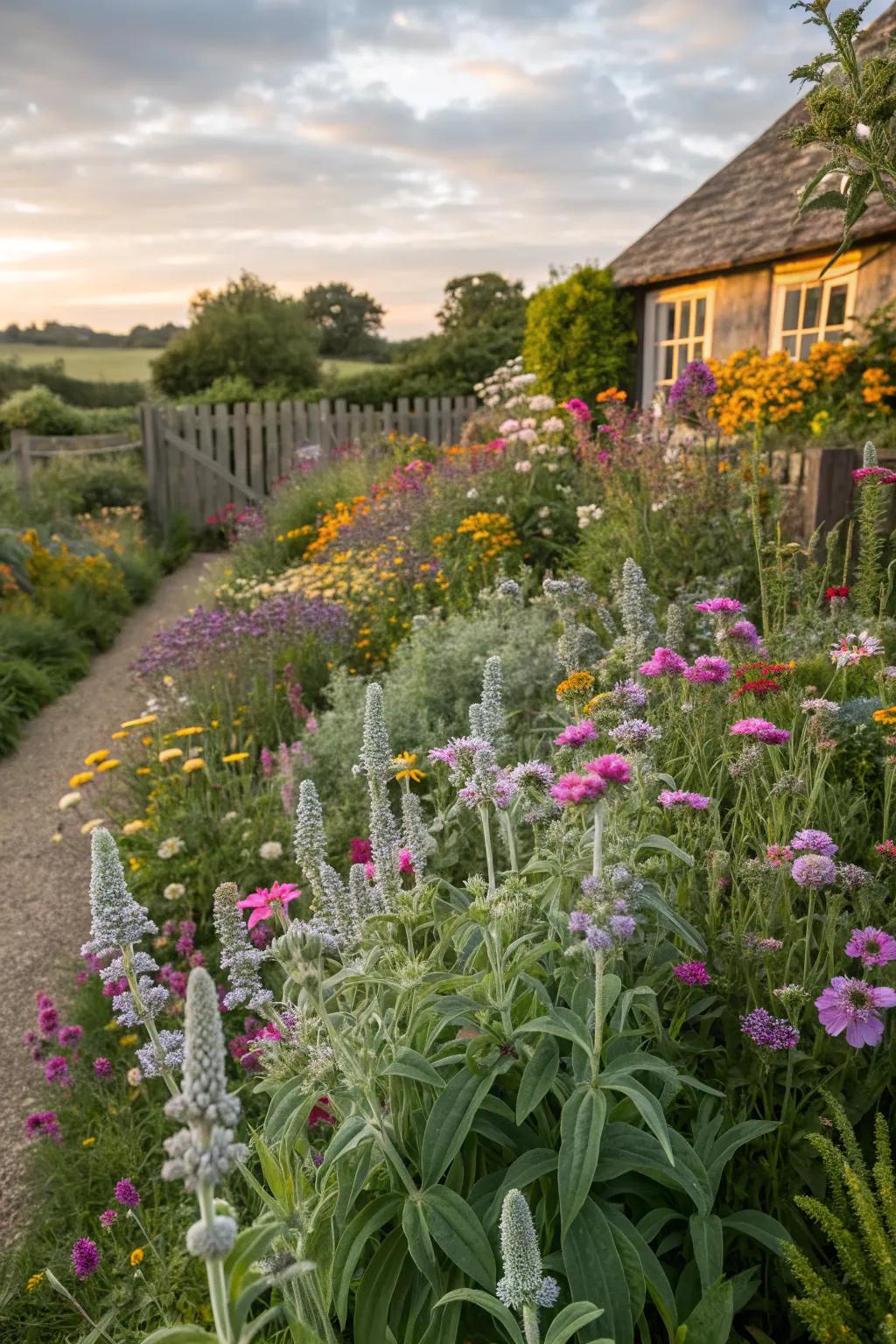Charming cottage garden featuring lamb's ear and a burst of wildflowers.