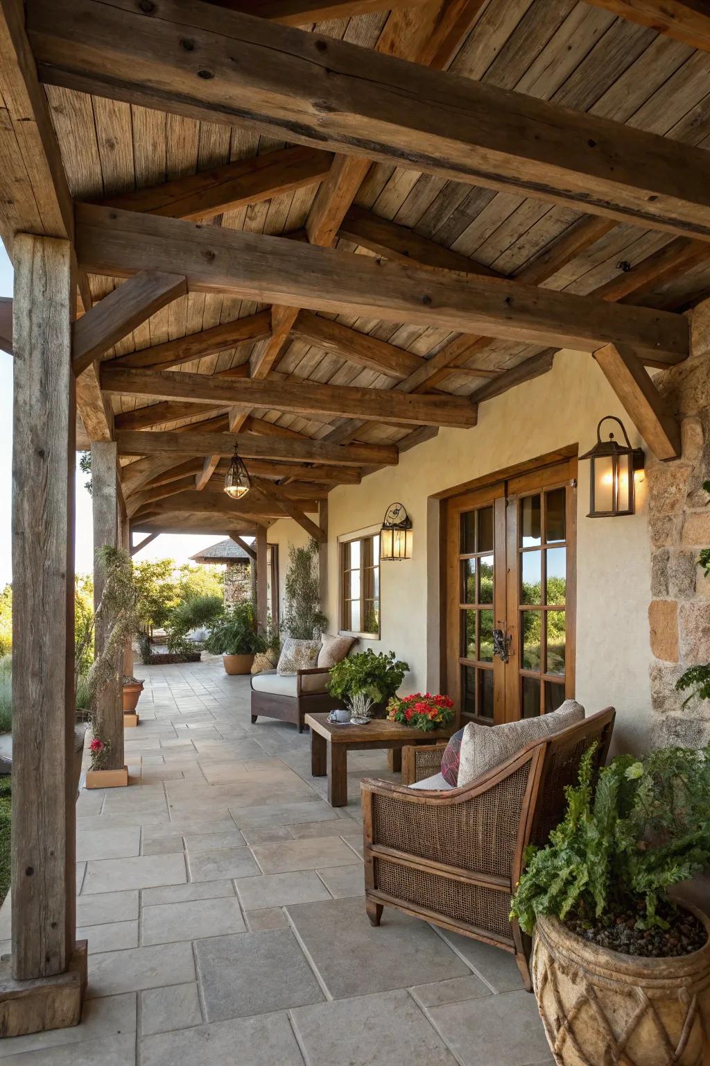 Exposed wood beams add rustic charm to your lanai.