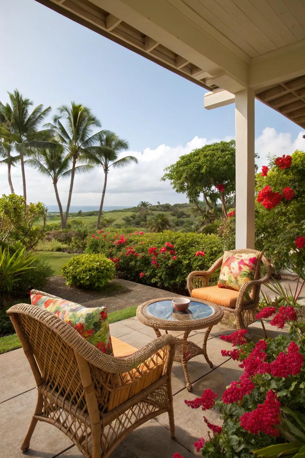 Wicker chairs with vibrant cushions create a cozy seating area.