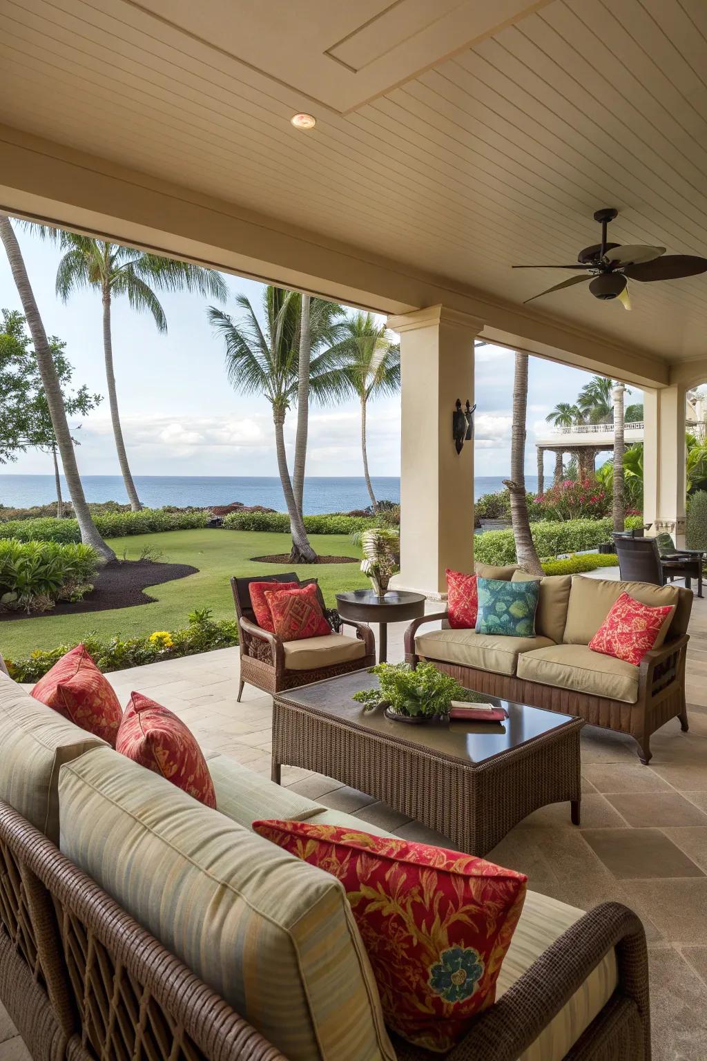 Create a cozy seating area with plush sofas and colorful cushions.