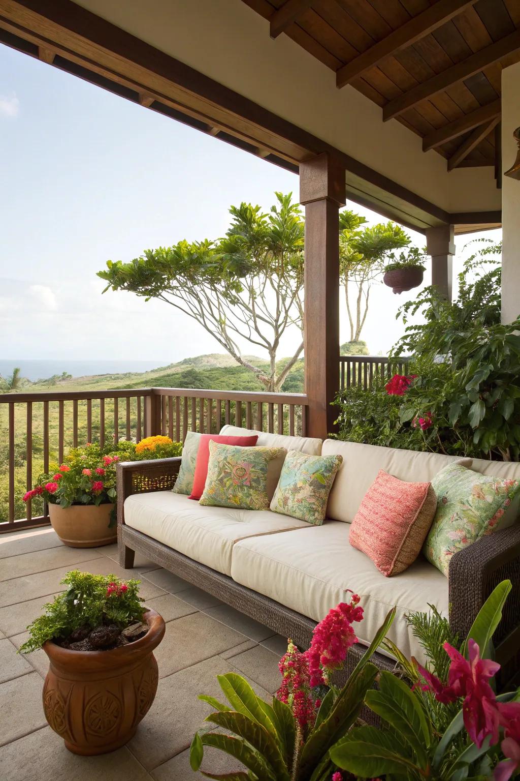 A cushioned sofa transforms your lanai into a relaxation zone.