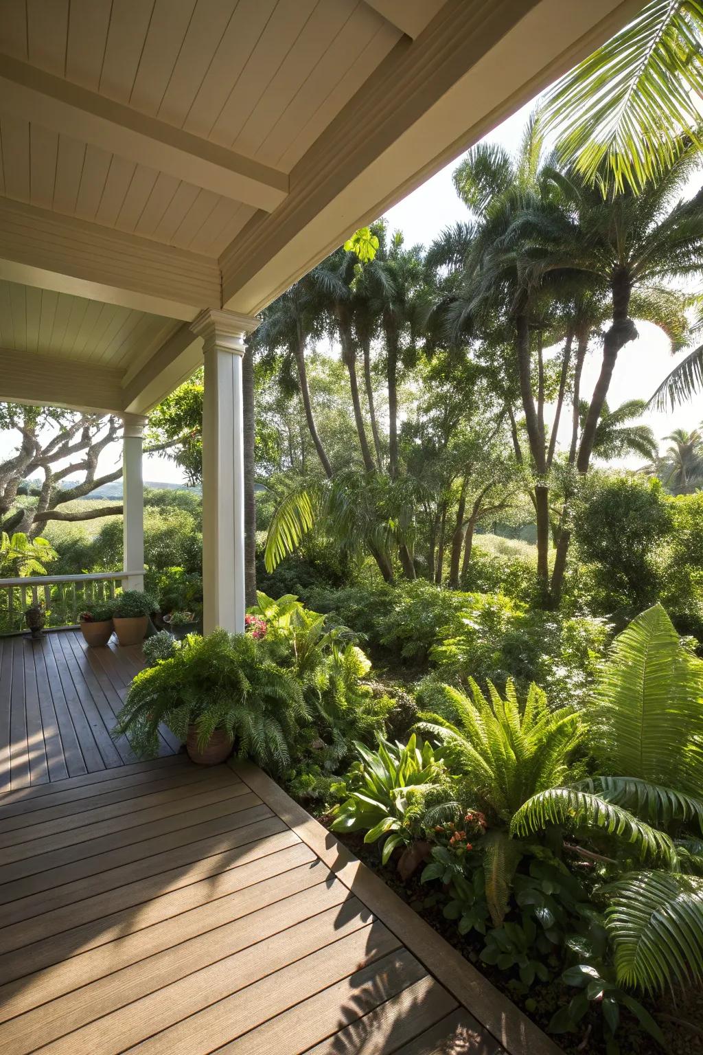 A lanai transformed into a tropical paradise with palm trees and ferns.