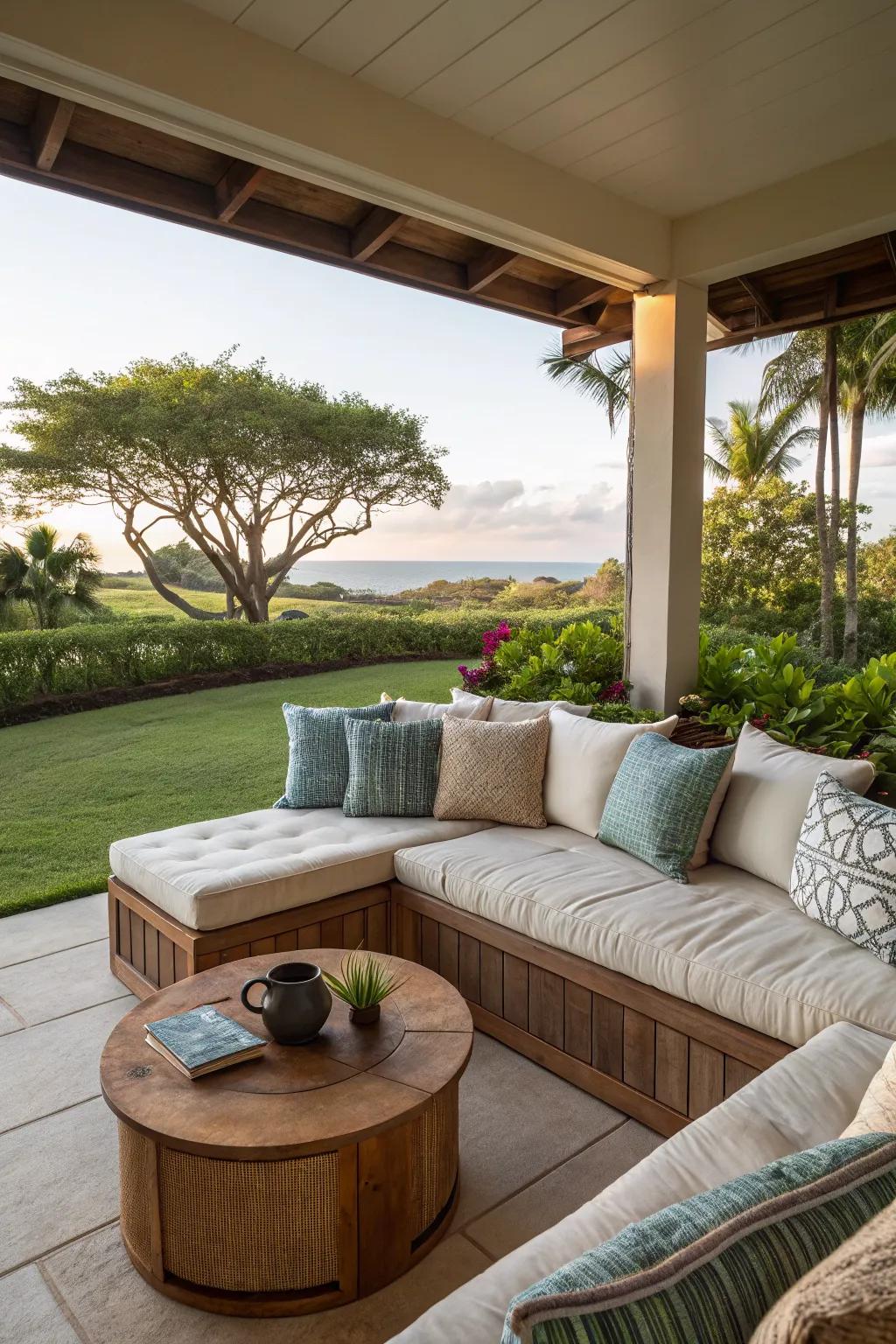 A lanai patio with inviting corner seating perfect for relaxation.
