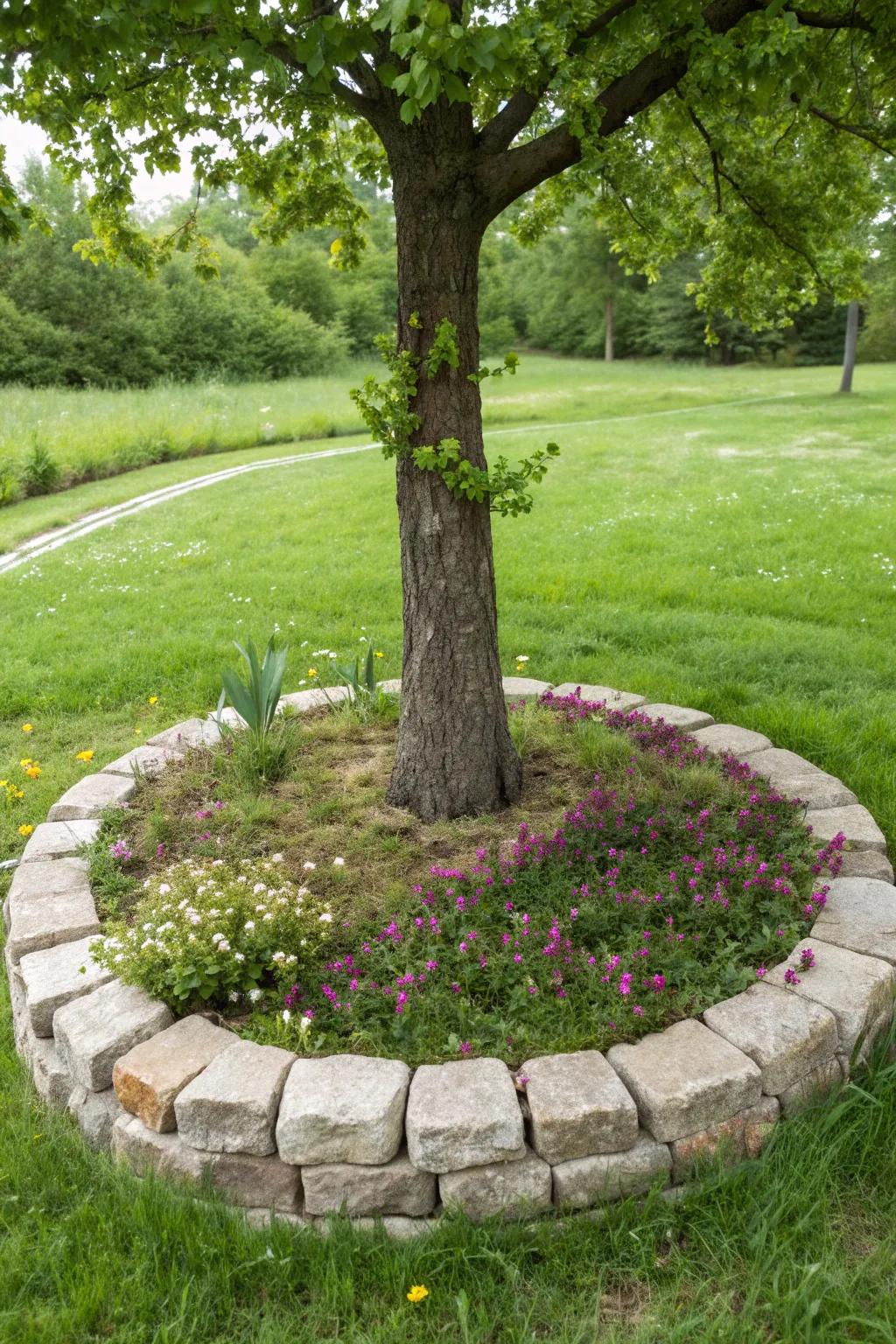 A tree elegantly bordered by natural stones, enhancing its beauty.