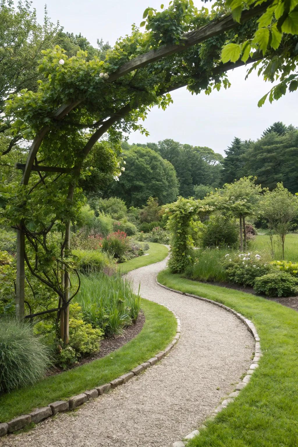 Curved gravel pathways create a sense of flow and mystery in your garden.
