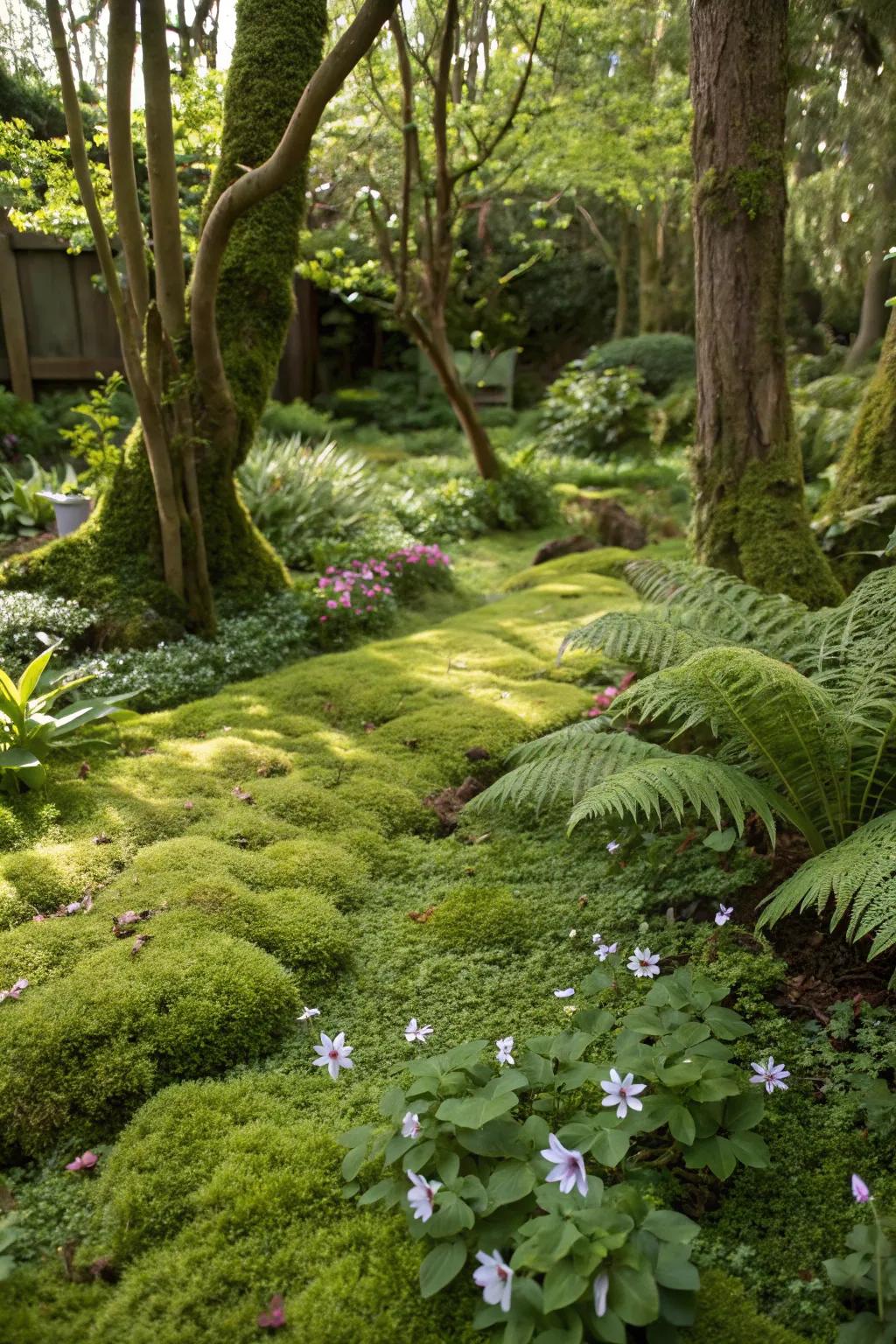A lush moss carpet transforms shaded areas into a serene retreat.