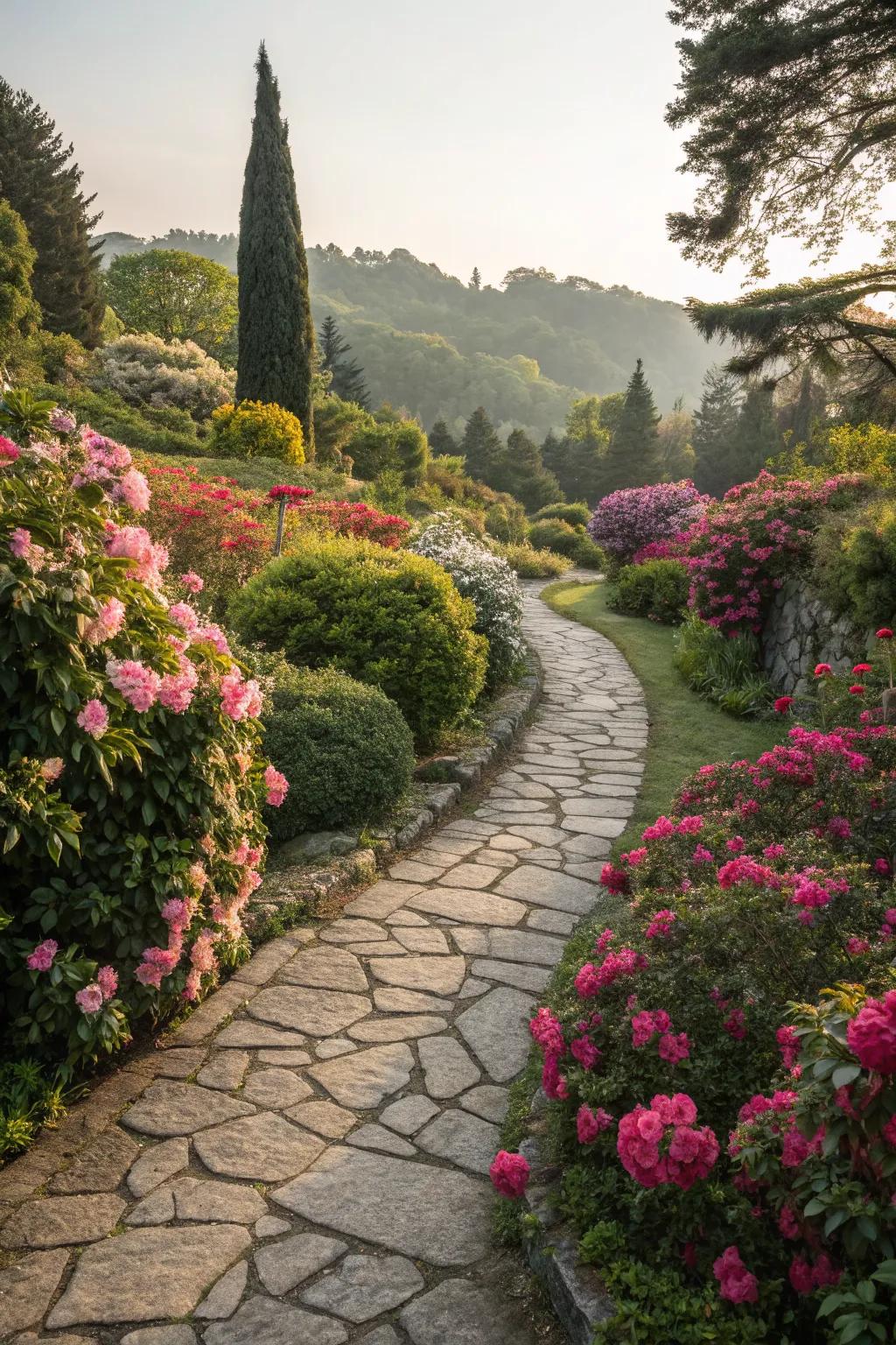 An inviting stone pathway meandering through a colorful garden.