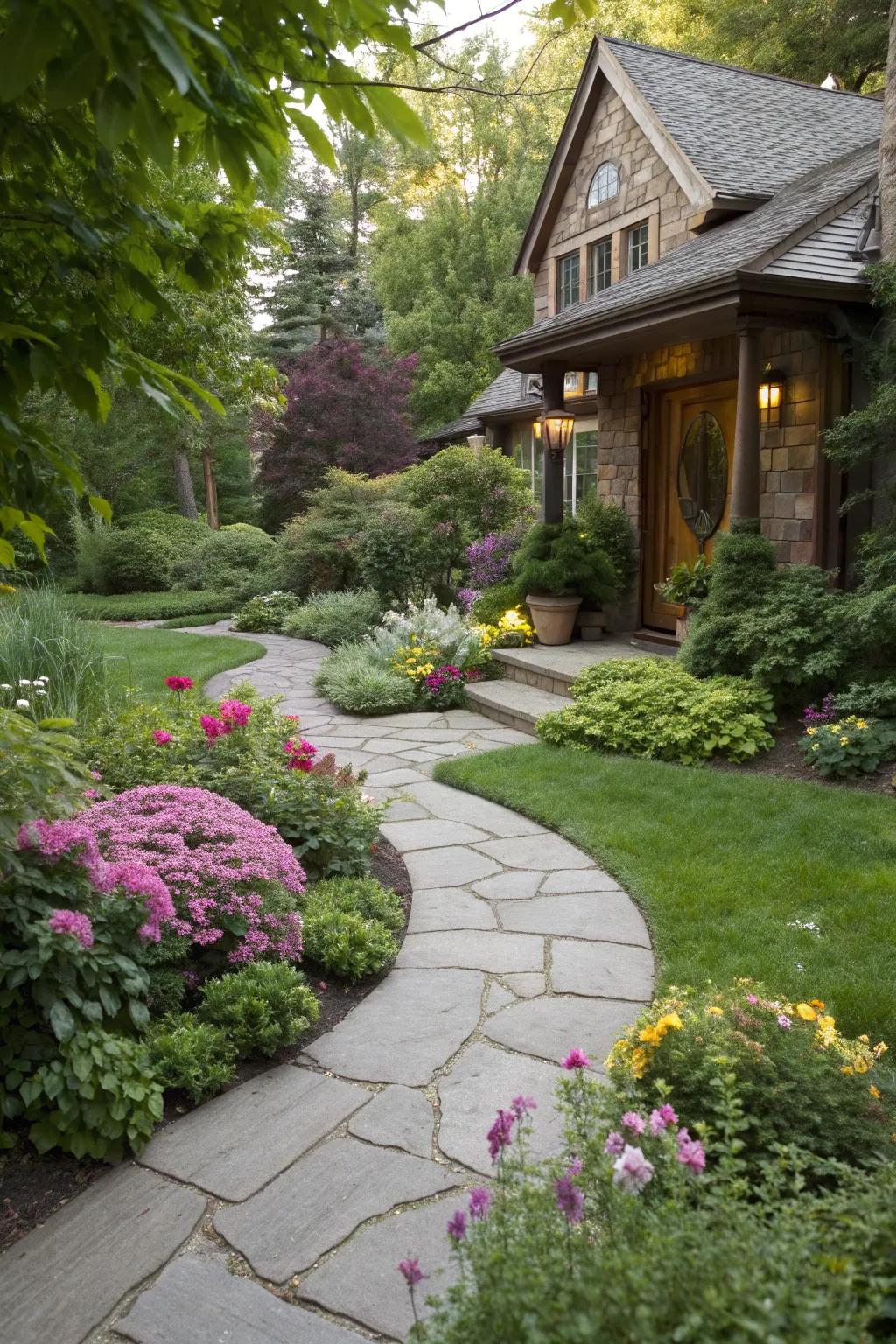 Curved pathways add a touch of mystery and elegance to your front yard.