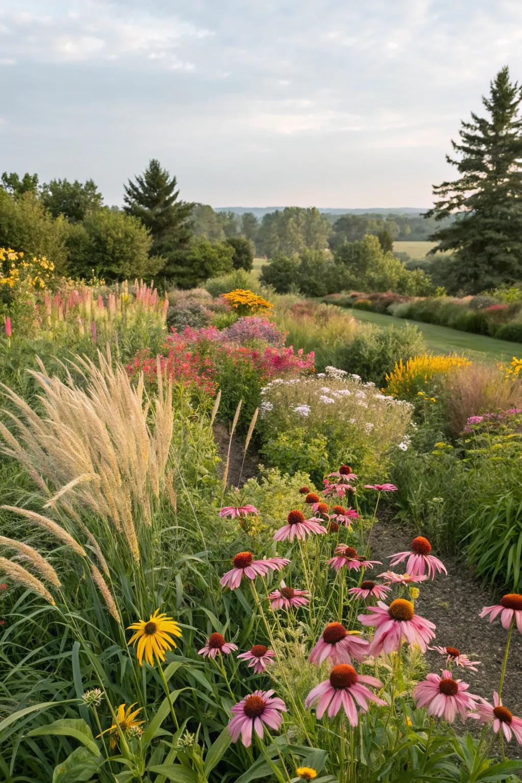 Native plant gardens burst with color and life, providing a sustainable landscape solution.
