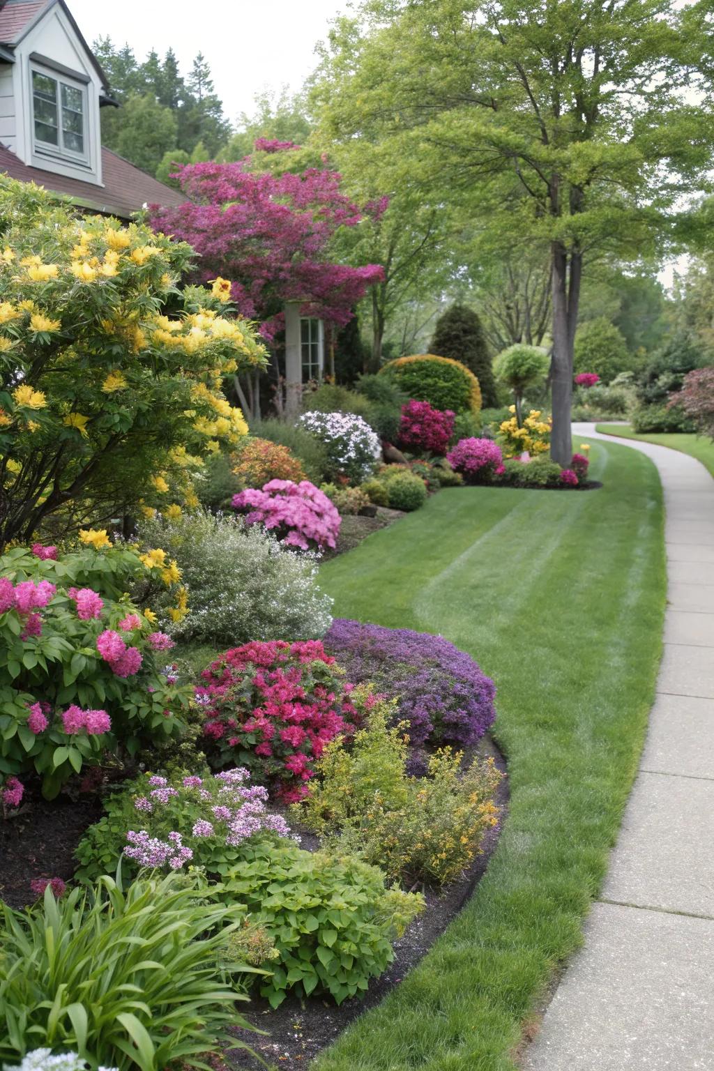 A vibrant mix of plants adds color and texture to the front yard