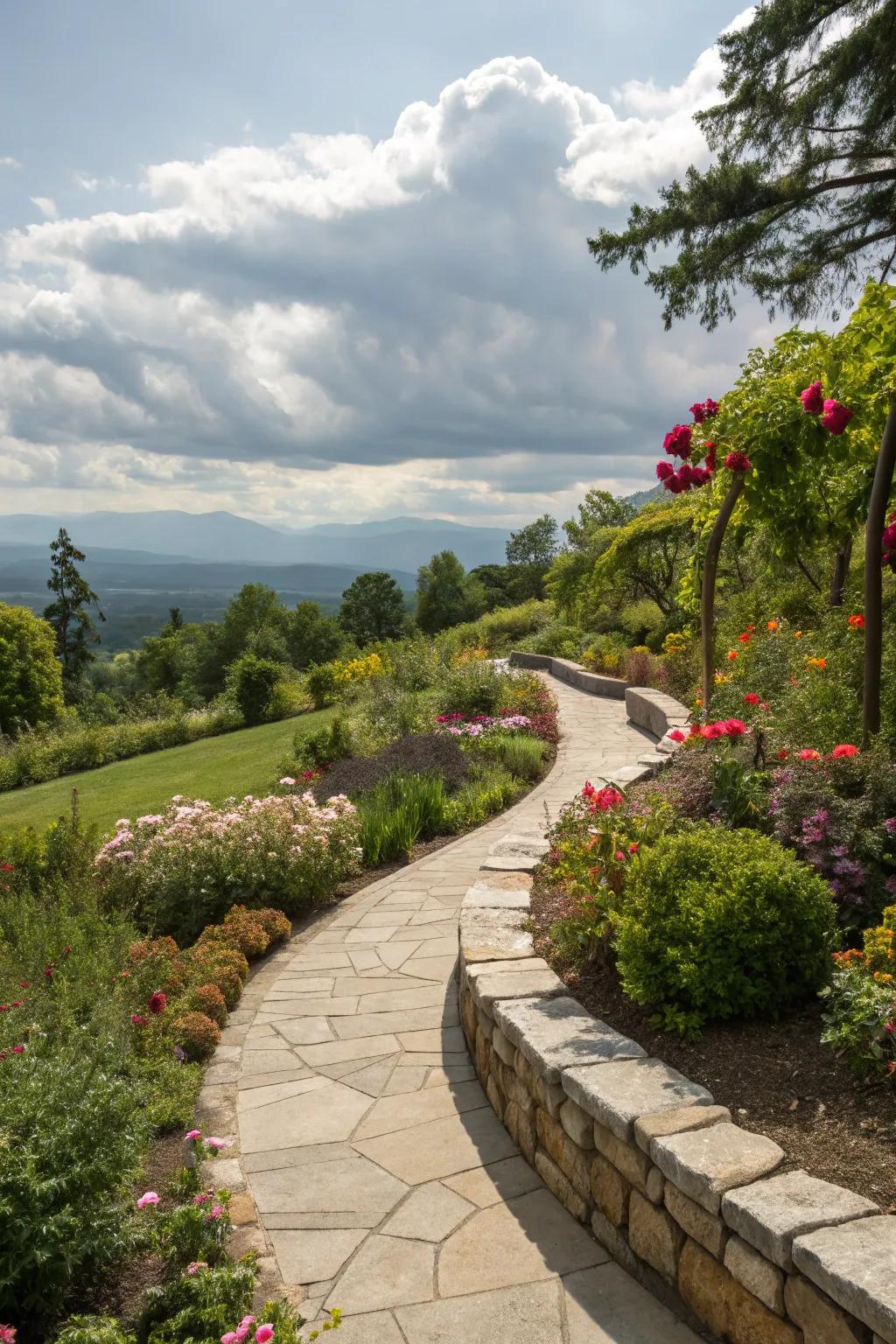 Curved stone pathways creating a whimsical garden walk.