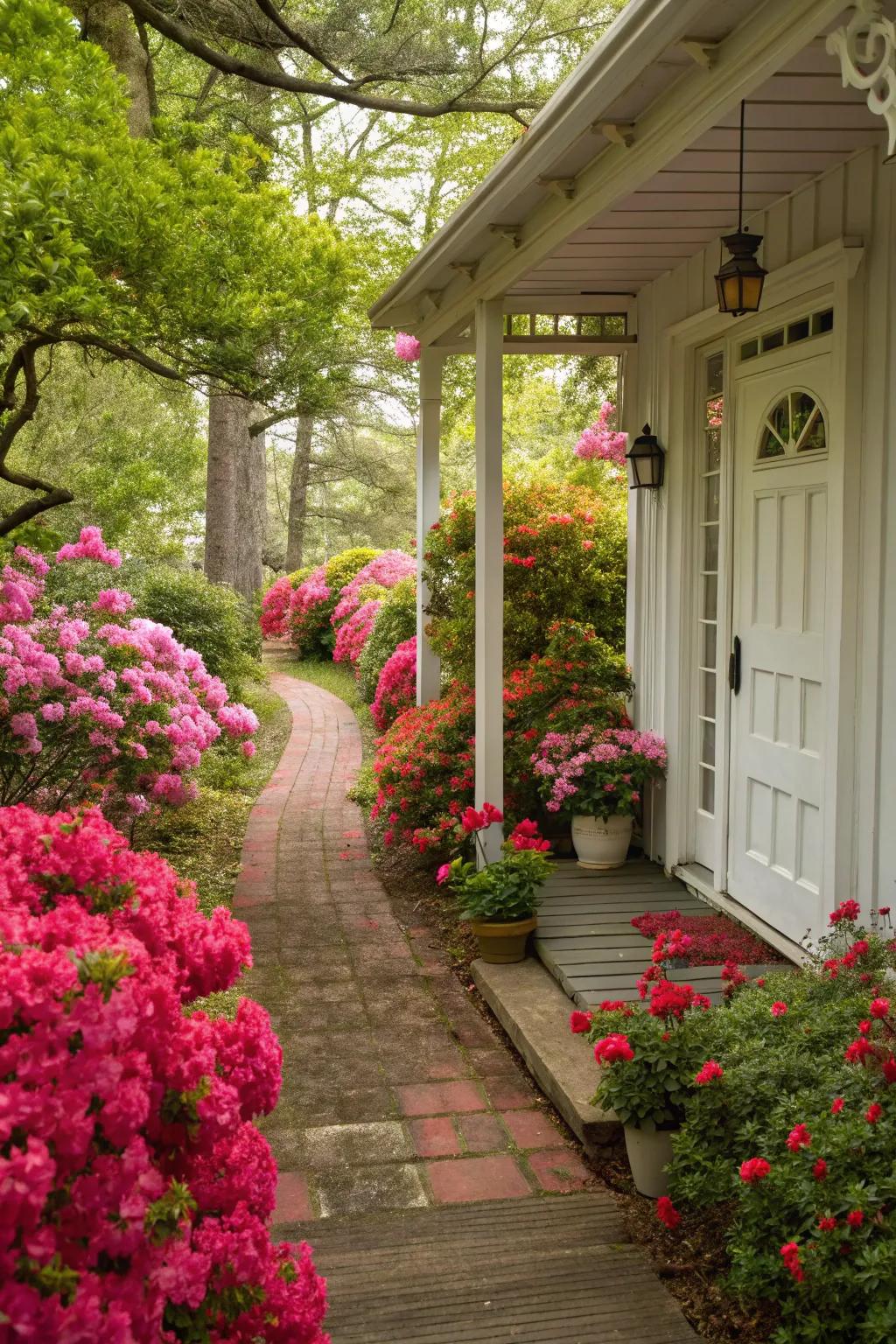 A garden walkway beautifully edged with colorful Encore Azaleas.