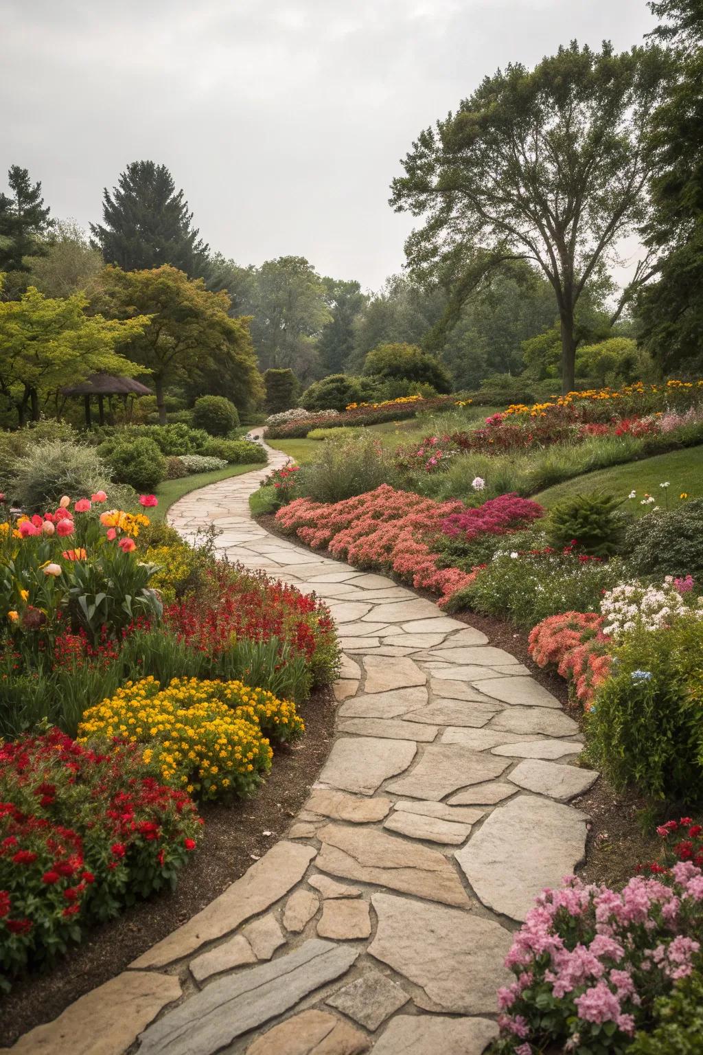 A charming stone pathway adds structure and allure to your garden.