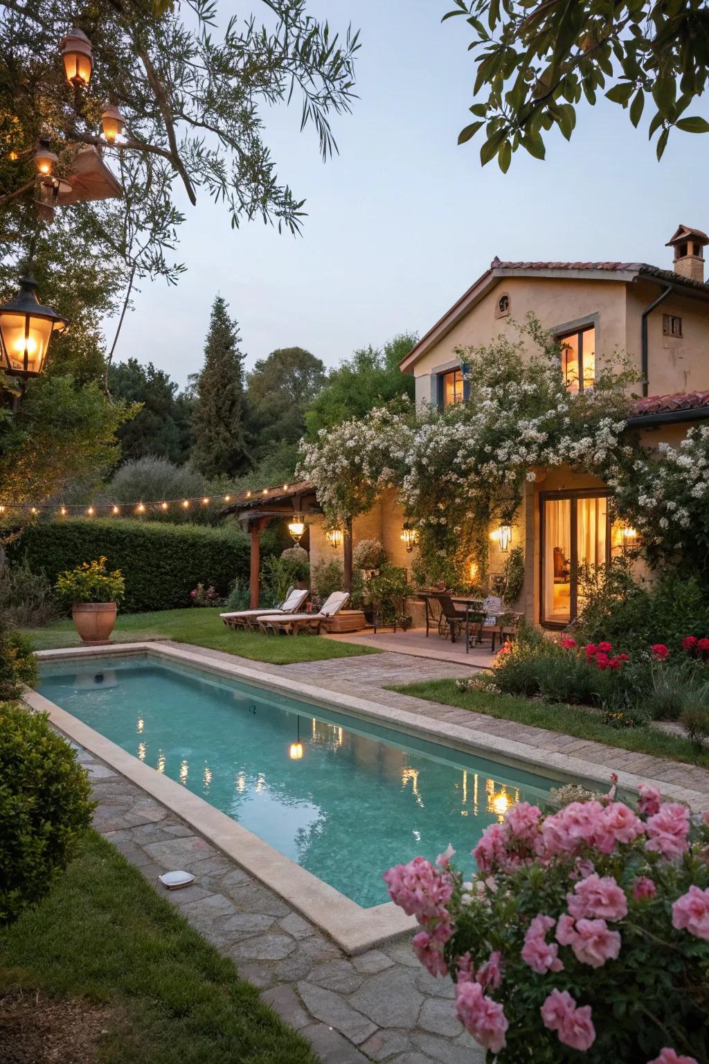 Ambient lighting casts a warm glow over a tranquil pool area.