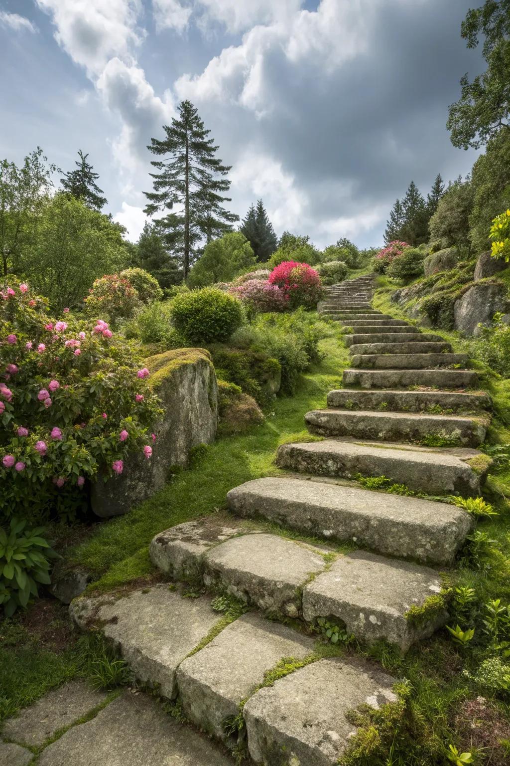 Natural stone steps harmonize with the surrounding greenery.