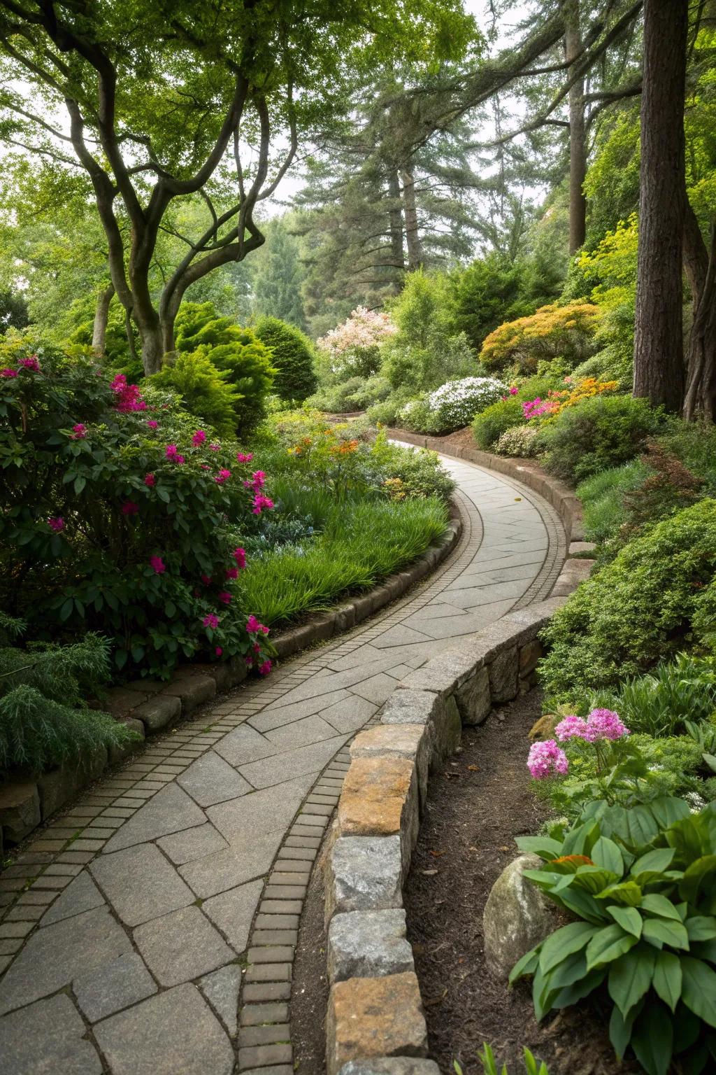 Curved stone paths add elegance and flow to the garden.