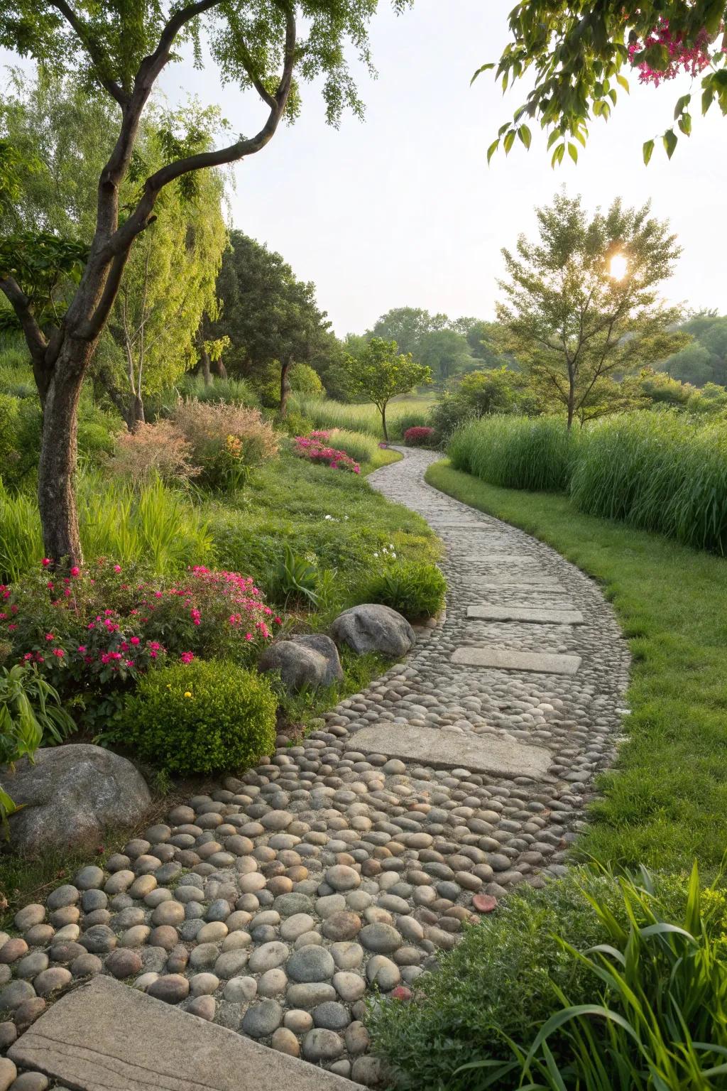 A meandering stone pathway inviting exploration through lush greenery.