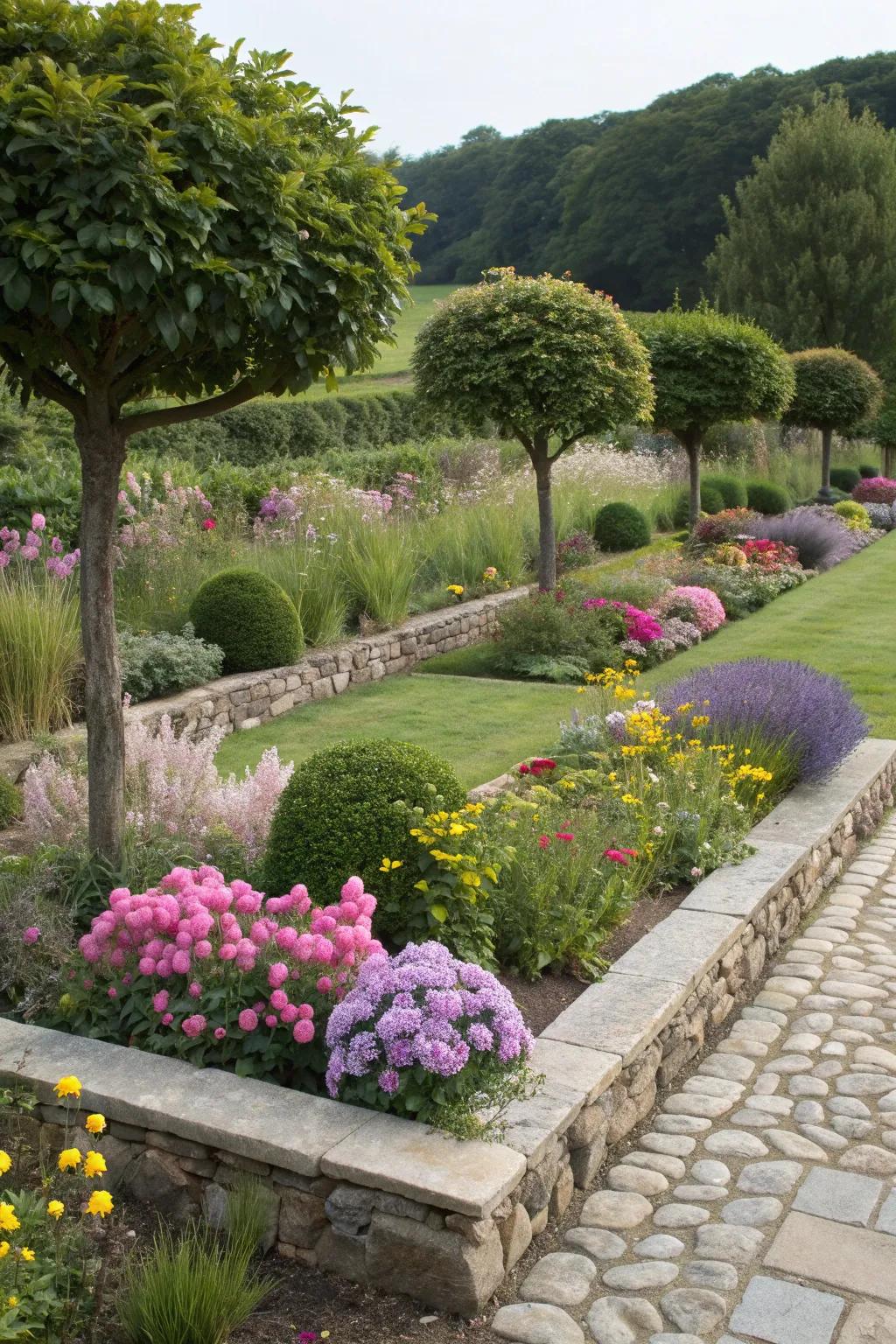 Defined tree beds with stone edging for a tidy garden.