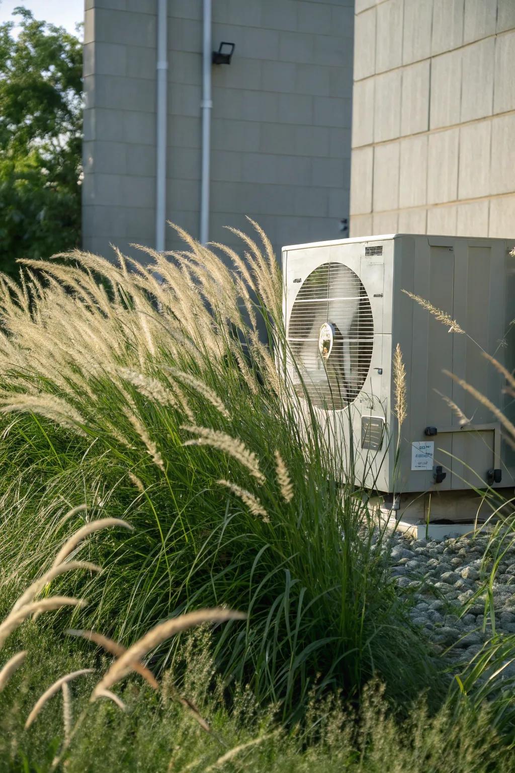 Tall grasses elegantly hiding an AC unit, adding natural beauty and movement.