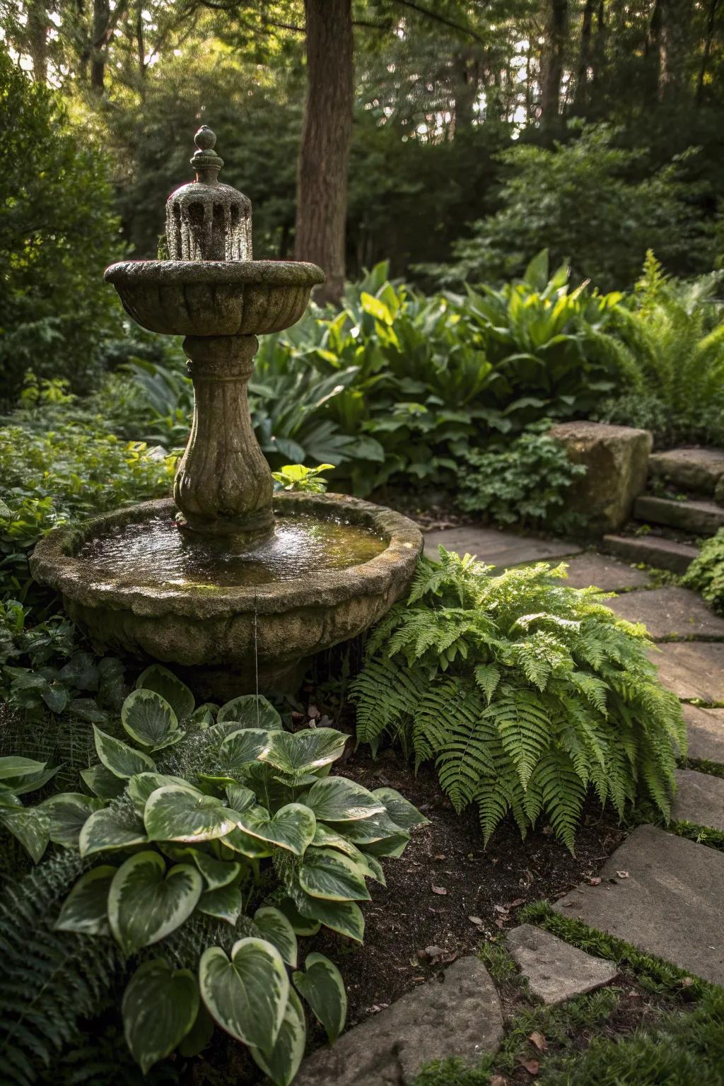 A stone fountain enveloped by vibrant green hostas and ferns.