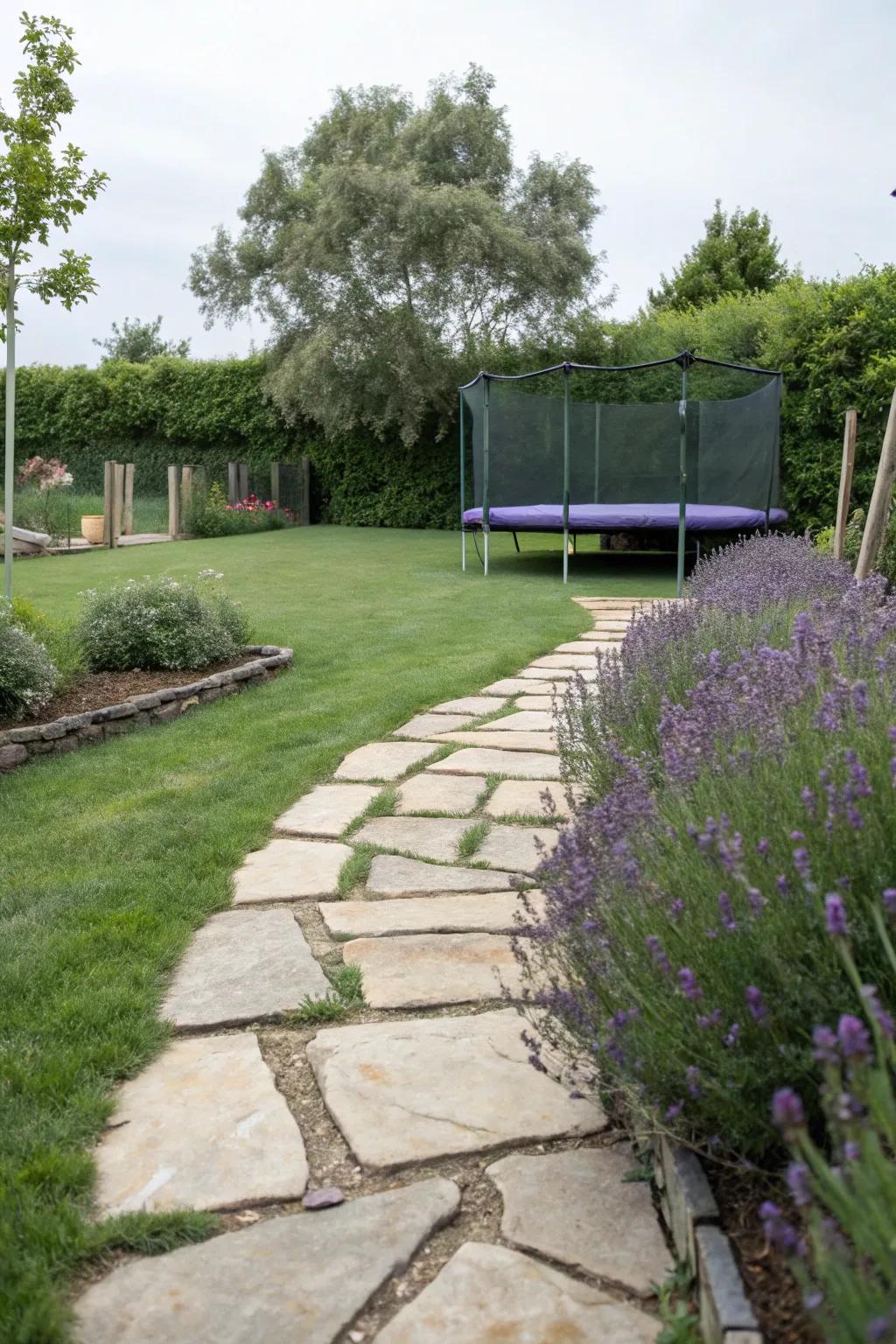 A pathway lined with lavender adds charm and accessibility.