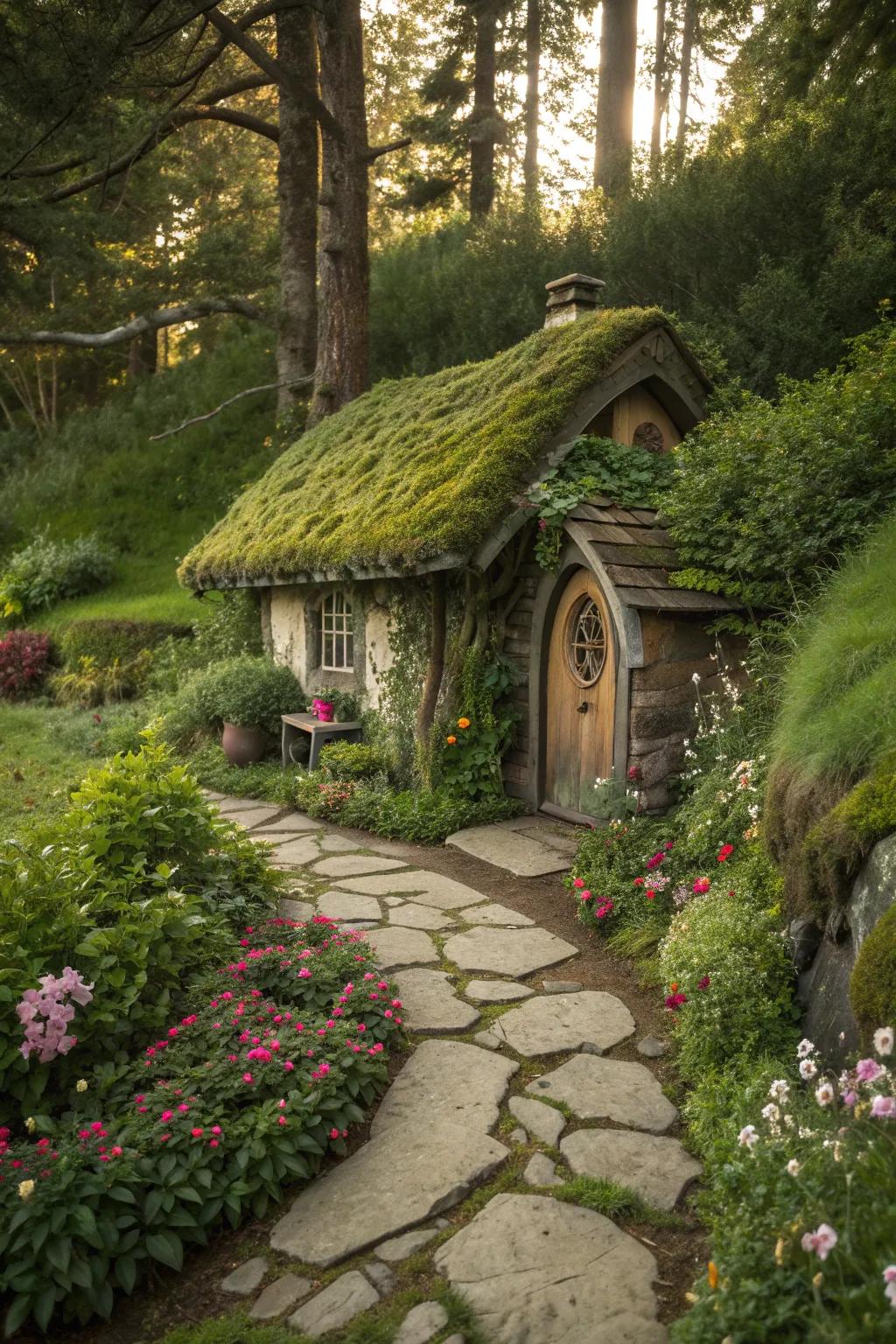 Create an inviting home for fairies with miniature cottages nestled amongst greenery.