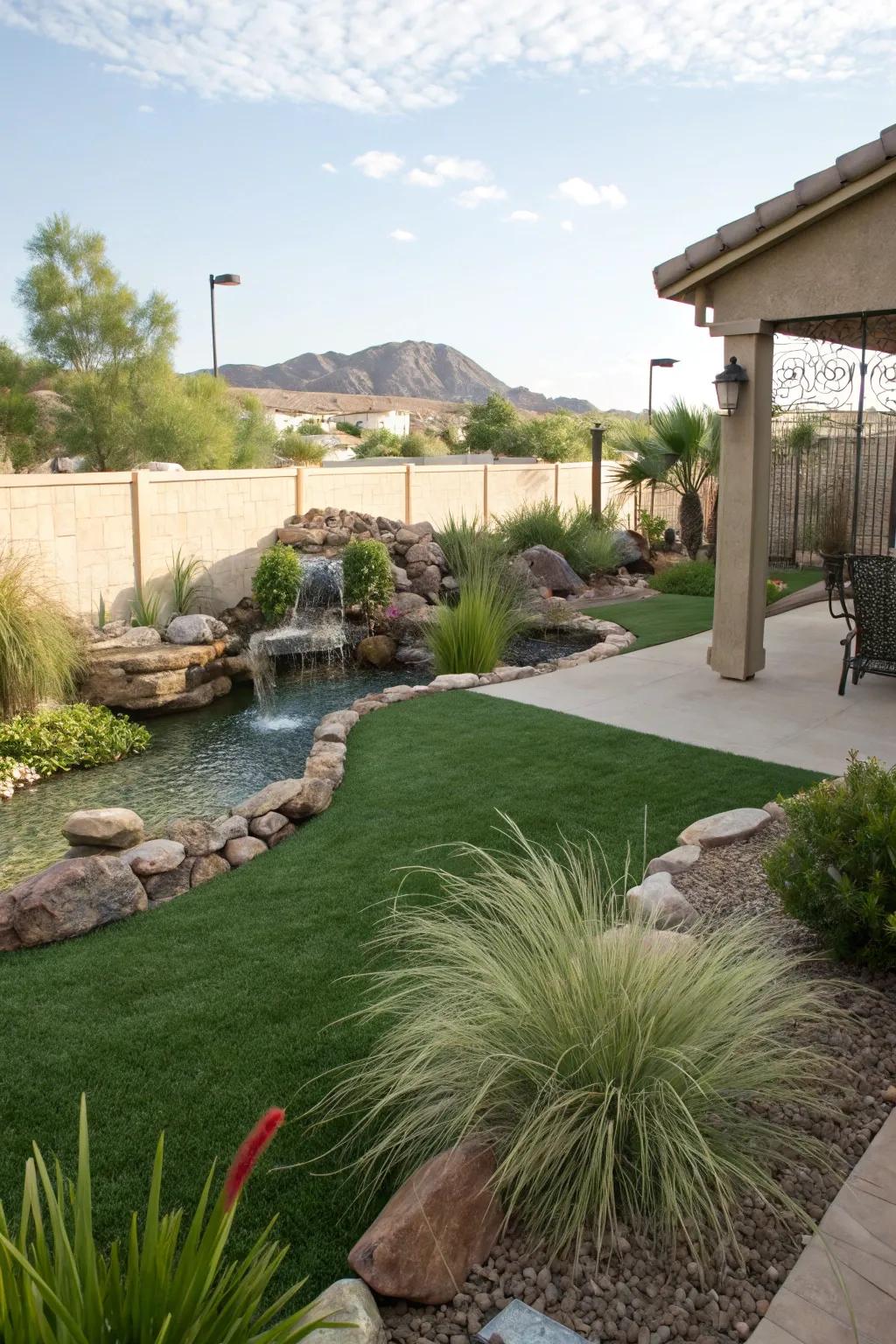 A desert oasis with vibrant artificial grass and native plants, perfect for El Paso's climate.